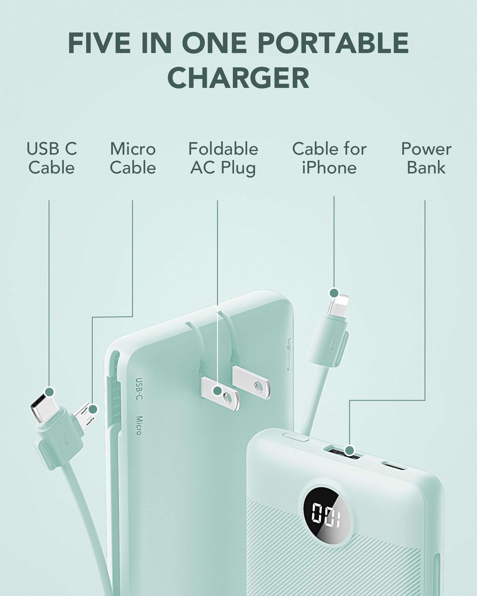 VRURC Portable Charger Built-in Cables and AC Wall Plug, USB C Power Bank 10000mAh, Travel Battery Portable Phone Charger Compact Lightweight External Battery Pack for Smart Phones, Tablets etc-Green - Image 3