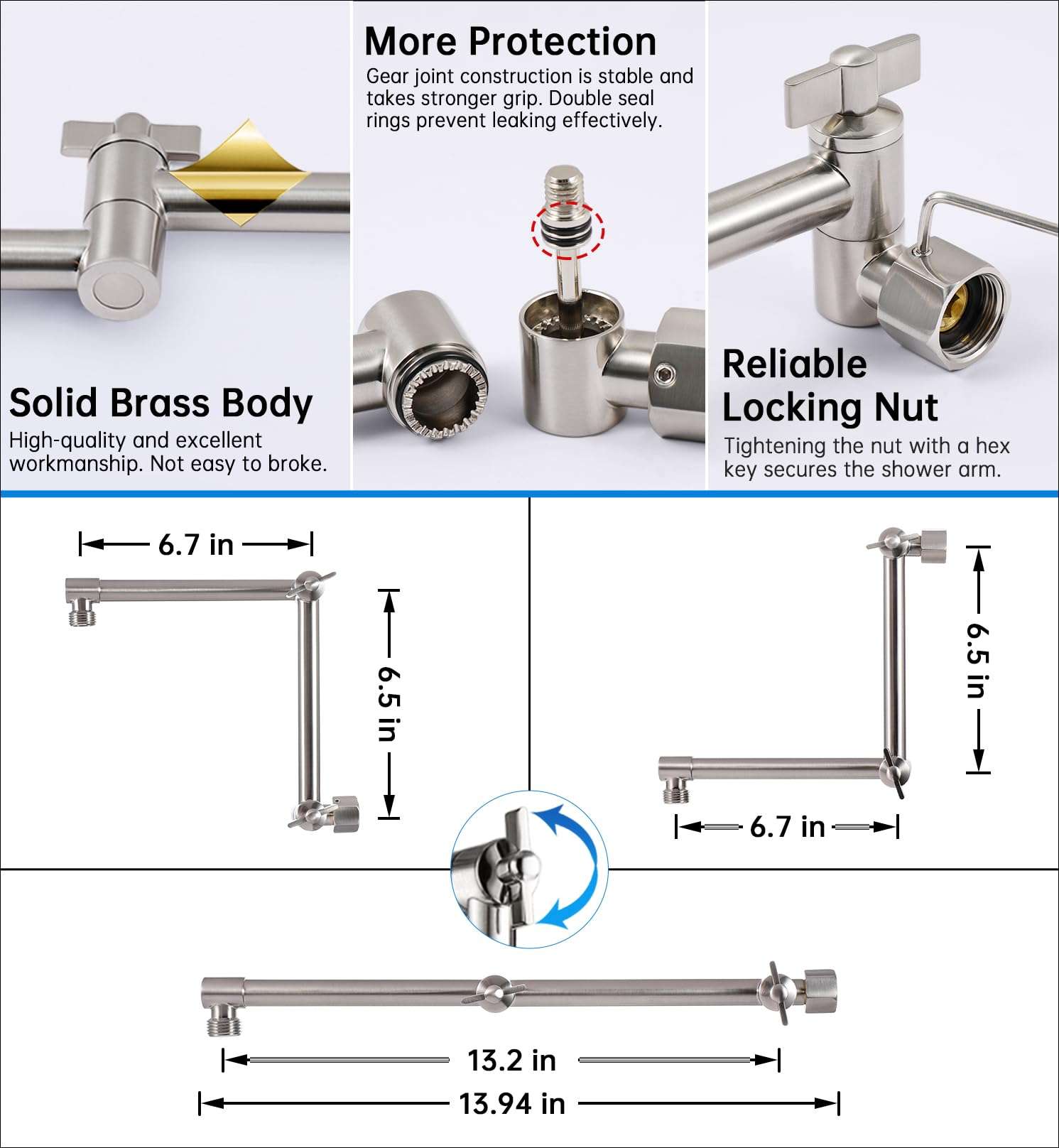 G-Promise All Metal 10 Inches Rainfall Shower Head with Handheld Spray Combo, 3 Settings Diverter, Adjustable Extension Arm with Lock Joints, 71 Inches Stainless Steel Hose (Brushed Nickel) - Image 2