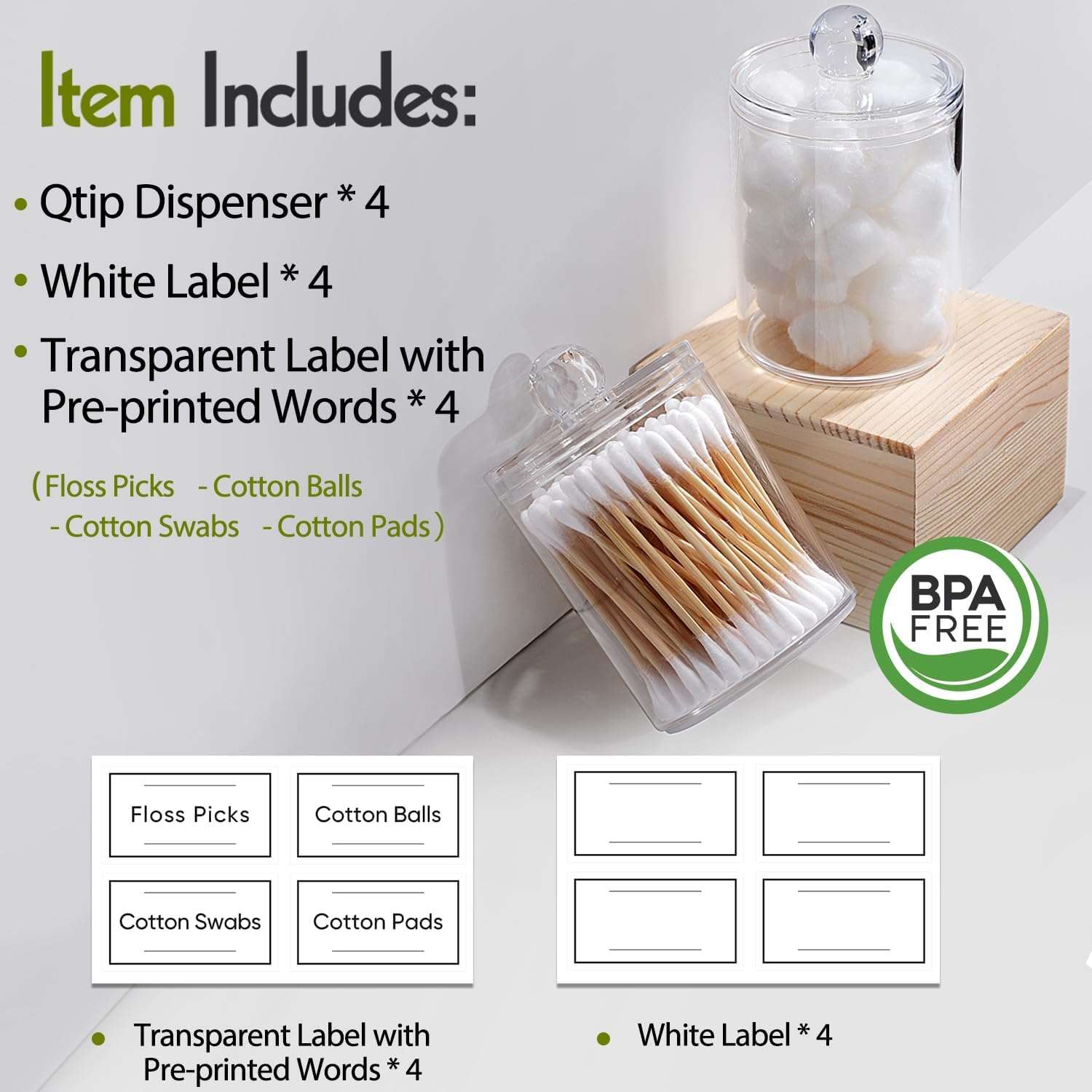 4 Pack Acrylic Qtip Holder Dispenser for Cotton Swabs, Balls, Pads, Floss Picks- Small Clear Plastic Canister Apothecary Jar Set, Bathroom Essentials Accessories Decor, Vanity Makeup Storage Organizer - Image 3