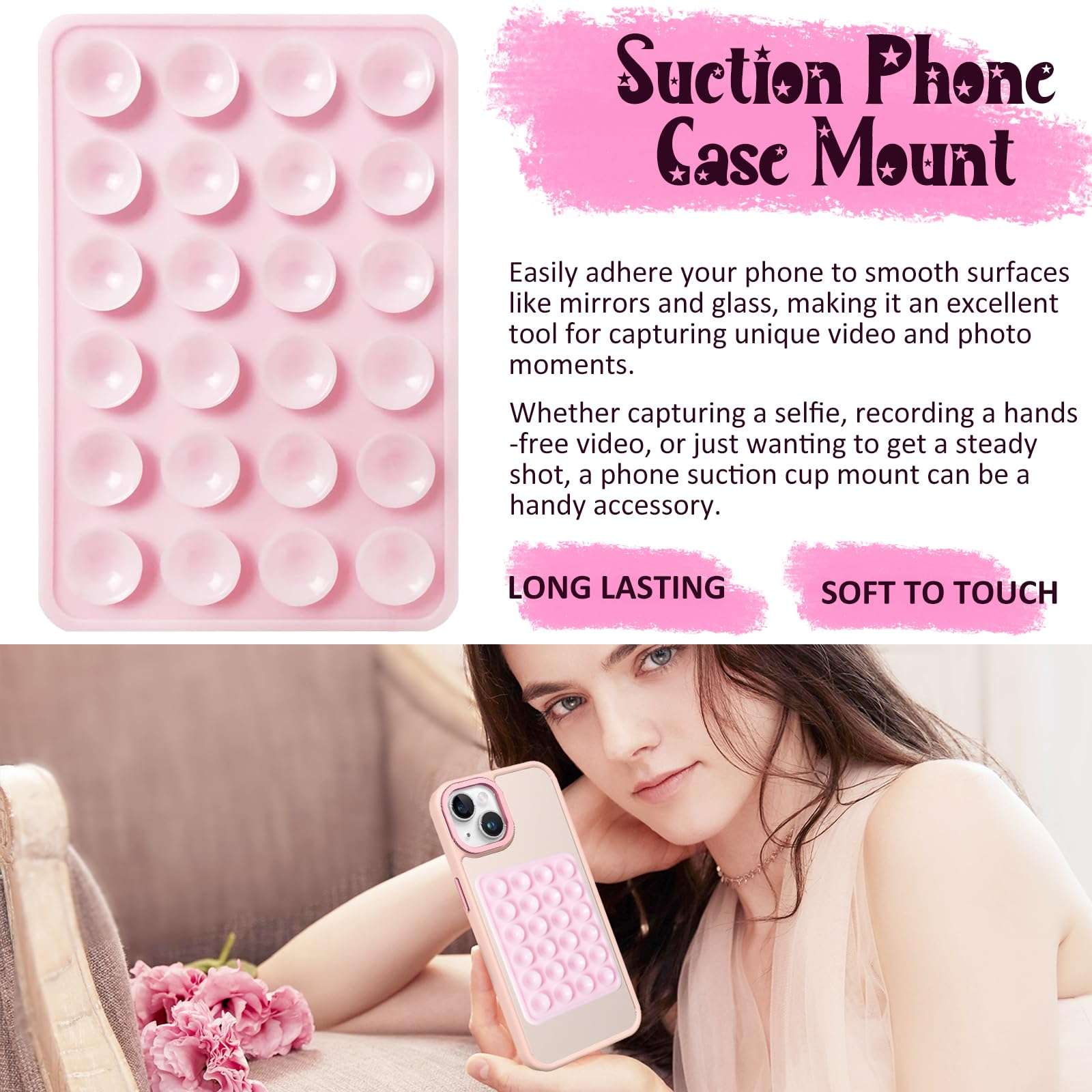 LvShuLiangPin Anteel Silicone Suction Phone Case Mount, Silicon Adhesive Phone Accessory for Smartphones, Hands-Free Mirror Shower Phone Holder for Selfies, Tiktok Videos (Rose) - Image 2
