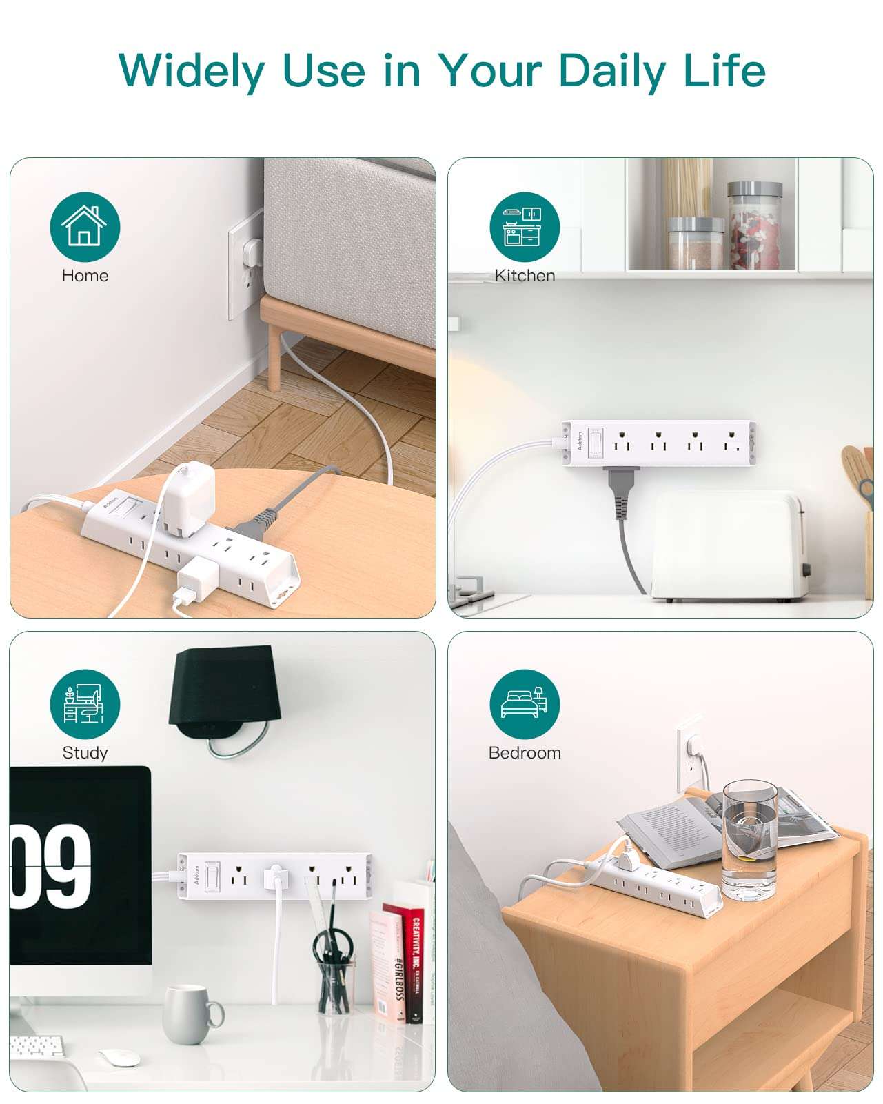 Flat Plug Power Strip, Ultra Thin Flat Extension Cord - Addtam 12 Widely AC 3 Sides Multiple Outlets, 5Ft, 1050J Surge Protector, Wall Mount, Desk Charging Station for Home Office Dorm Room Essentials - Image 6