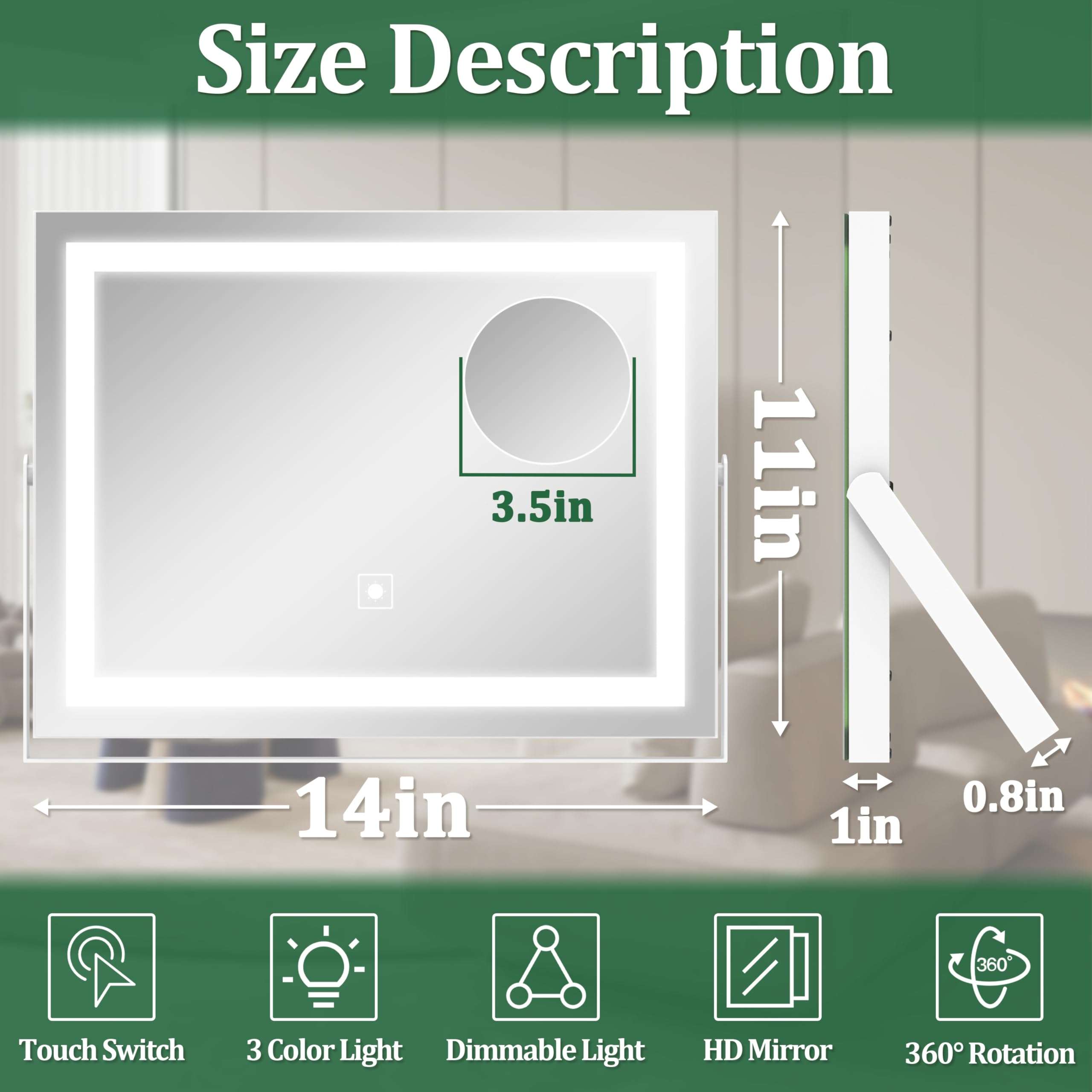 ROLOVE Vanity Mirror with Lights, 14" x 11" LED Makeup Mirror, 3 Modes Light, Smart Touch Control Dimmable, 10X Magnification, 360°Rotation, Square Corner Rectangle, White - Image 2