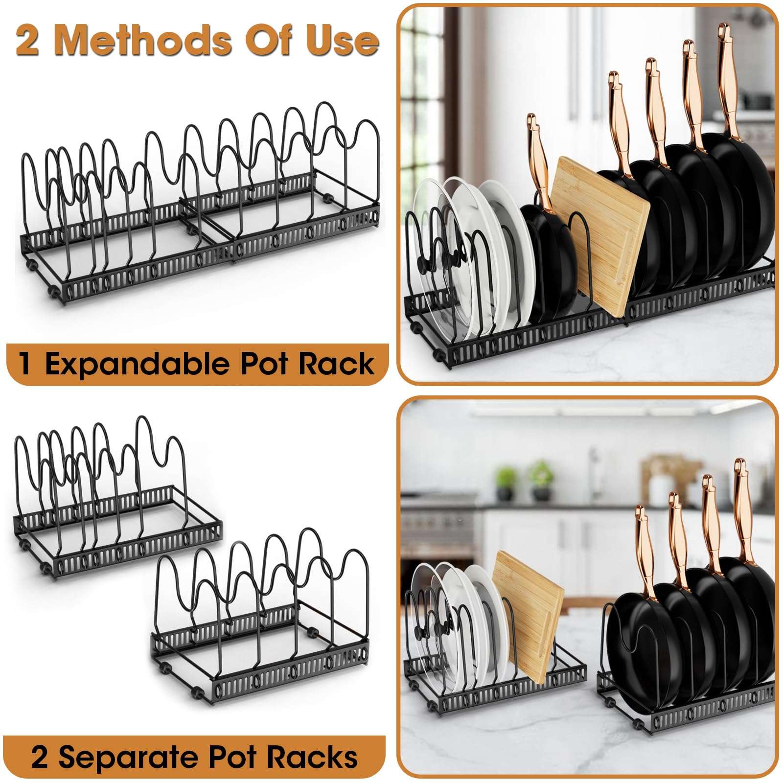 coneyaro Pots and Pans Organizer, Expandable Rack with 11 Dividers for Bakeware and Lid Storage (Black) - Image 3
