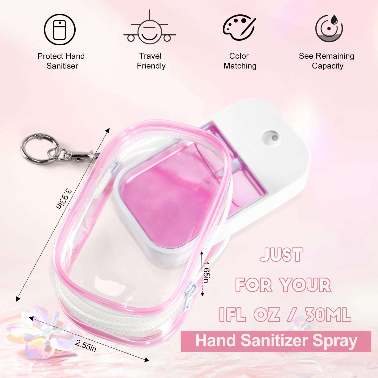 XCOSHAY Hand Sanitizer Spray Clear Case for touchland 1FL OZ/30ml, 3 Pack Blind Box Keychain, Figures Display Bag, Zippered Pouch, Mini Makeup Bag, with Keychain Snap Hook (Pink & Blue & Clear) - Image 2