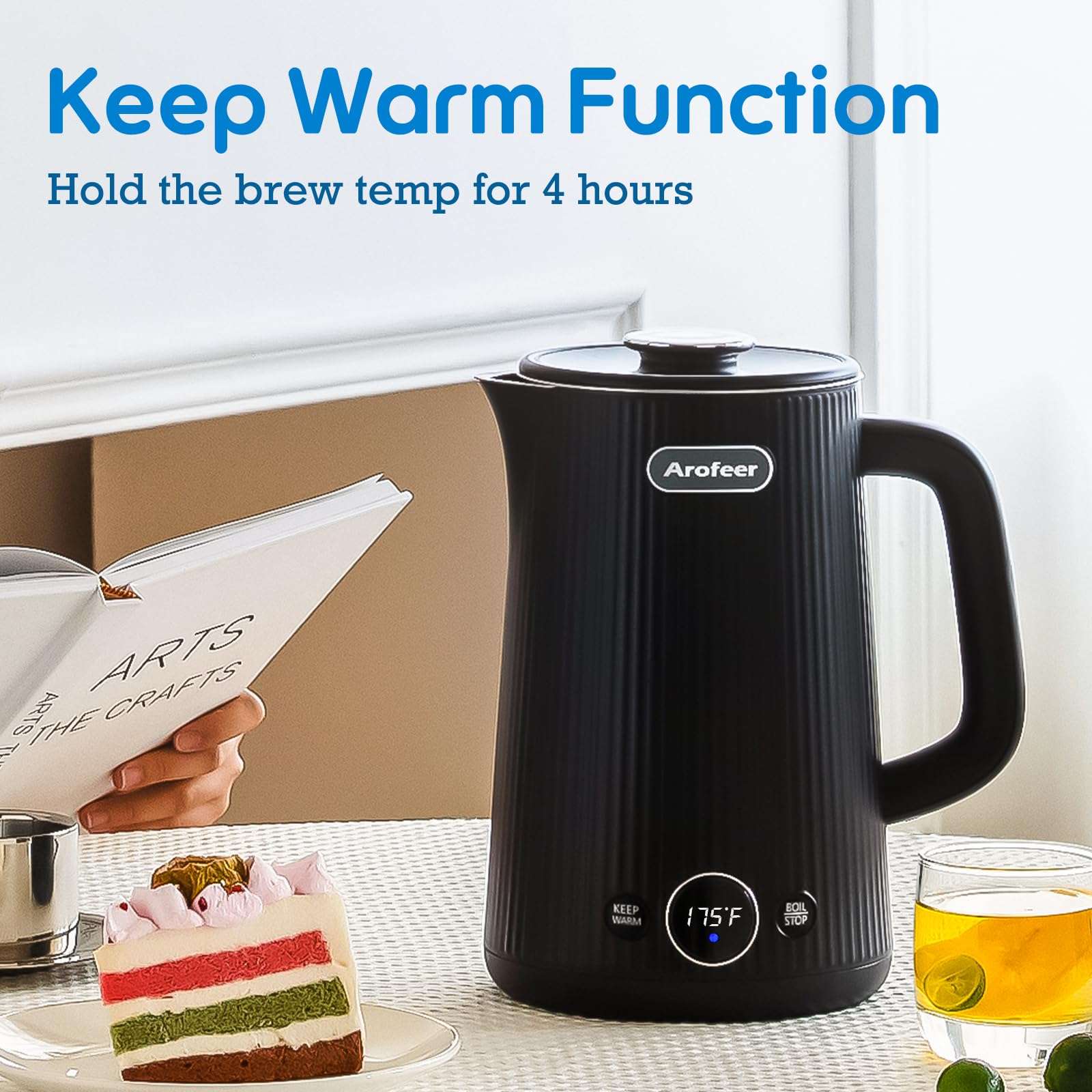 Arofeer® 1.7L(57oz) Large Electric Kettle Temperature Control, 7+Cups Electric Tea Kettle for Coffee&Tea, 2 quarts Big Hot Water Kettle Electric with,1200W,Keep Warm-Black - Image 6