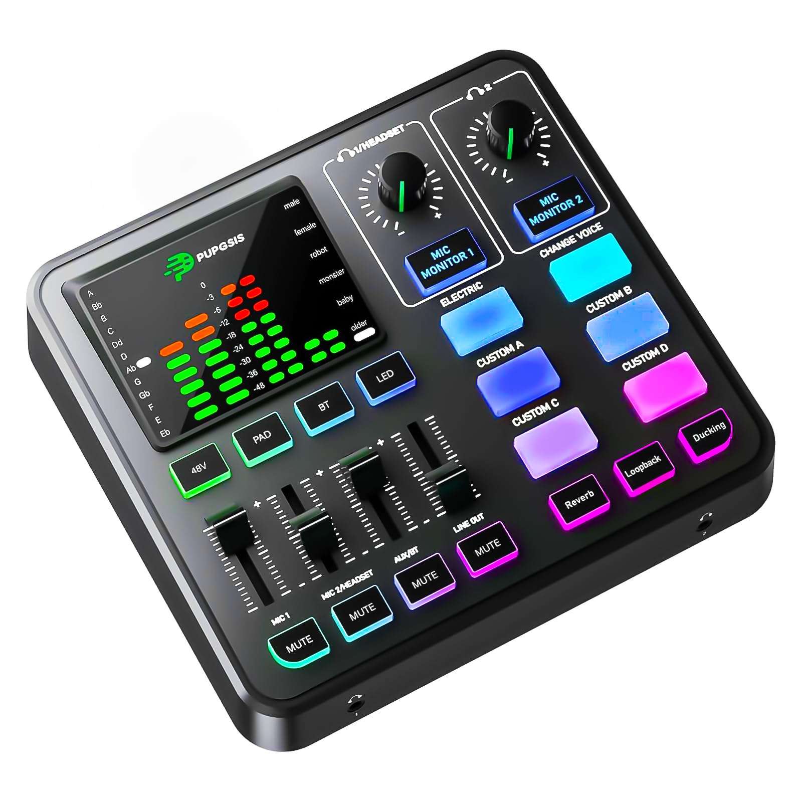 PUPGSIS Gaming Audio Mixer, Audio Interface for PC/Podcast/Streaming, Sound Board with 3.5mm/XLR Mic Input, 48V Phantom Power, Voice Changer, Live Sound Card with DJ Mixer Effects/Bluetooth/4 Channel - Image 1