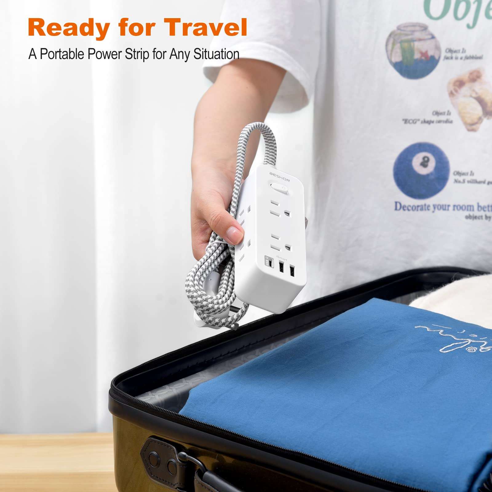 Power Strip Surge Protector, BESHON 5Ft Extension Cord, 6 Outlets with 3 USB Ports(1 USB C Outlet), 3-Side Outlet Extender, Wall Mount, Compact for Travel, Home, School, College Dorm Room and Office - Image 4