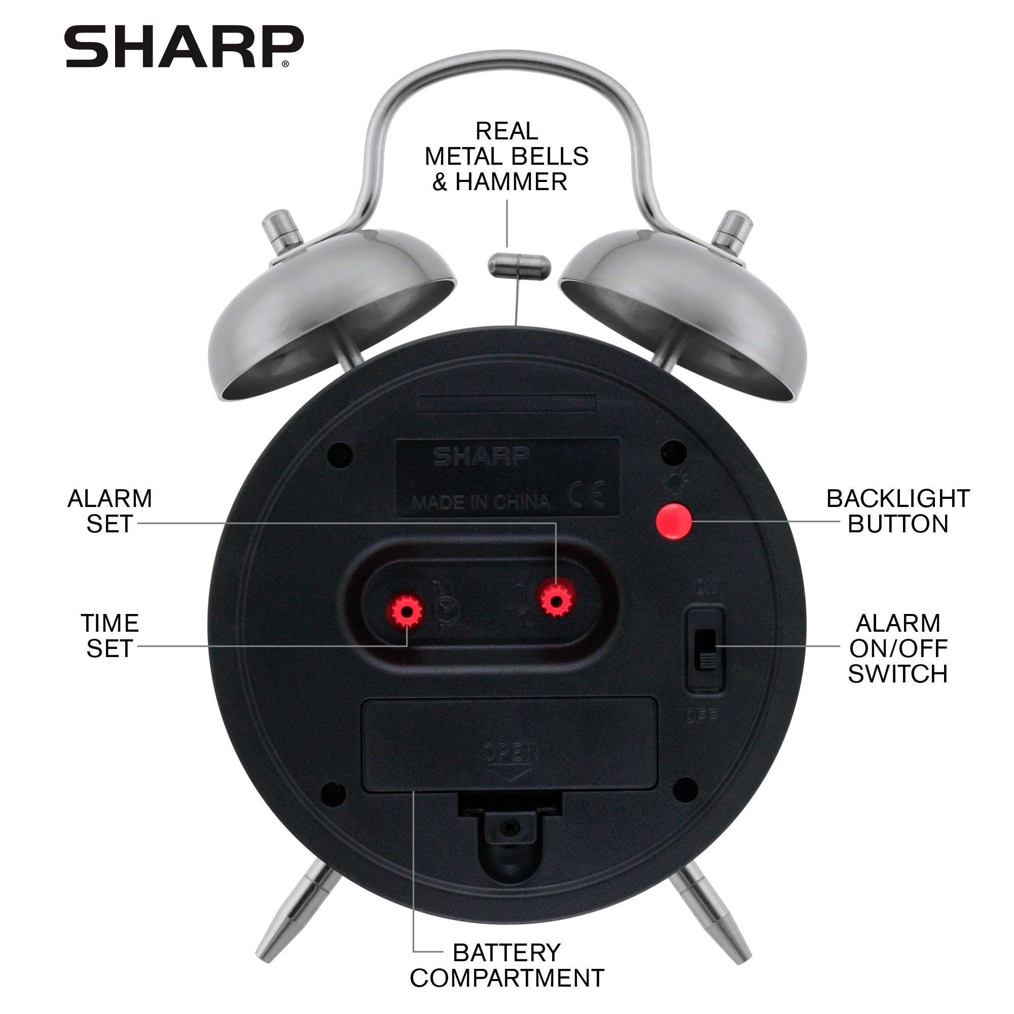 Sharp Twin Bell Alarm Clock - Loud Alarm - Great for Heavy Sleepers - Battery Operated Quartz Analog Clock (Brushed Silver) - Image 6