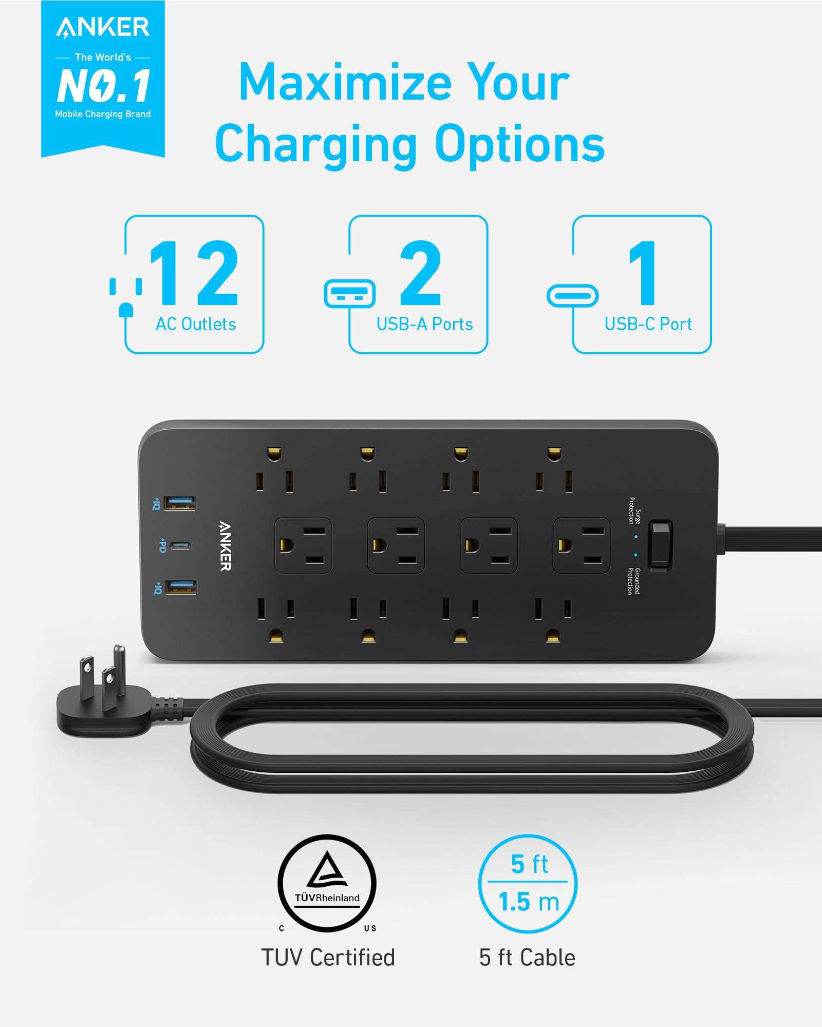 Anker Surge Protector Flat Plug Power Strip(2100J), 12 AC Outlets, 5feet Flat Extension Cord, 1USB C and 2 USB Ports for Multiple Devices, 20W Fast Charging for Home, Office, Dorm Essential, TUV - Image 2