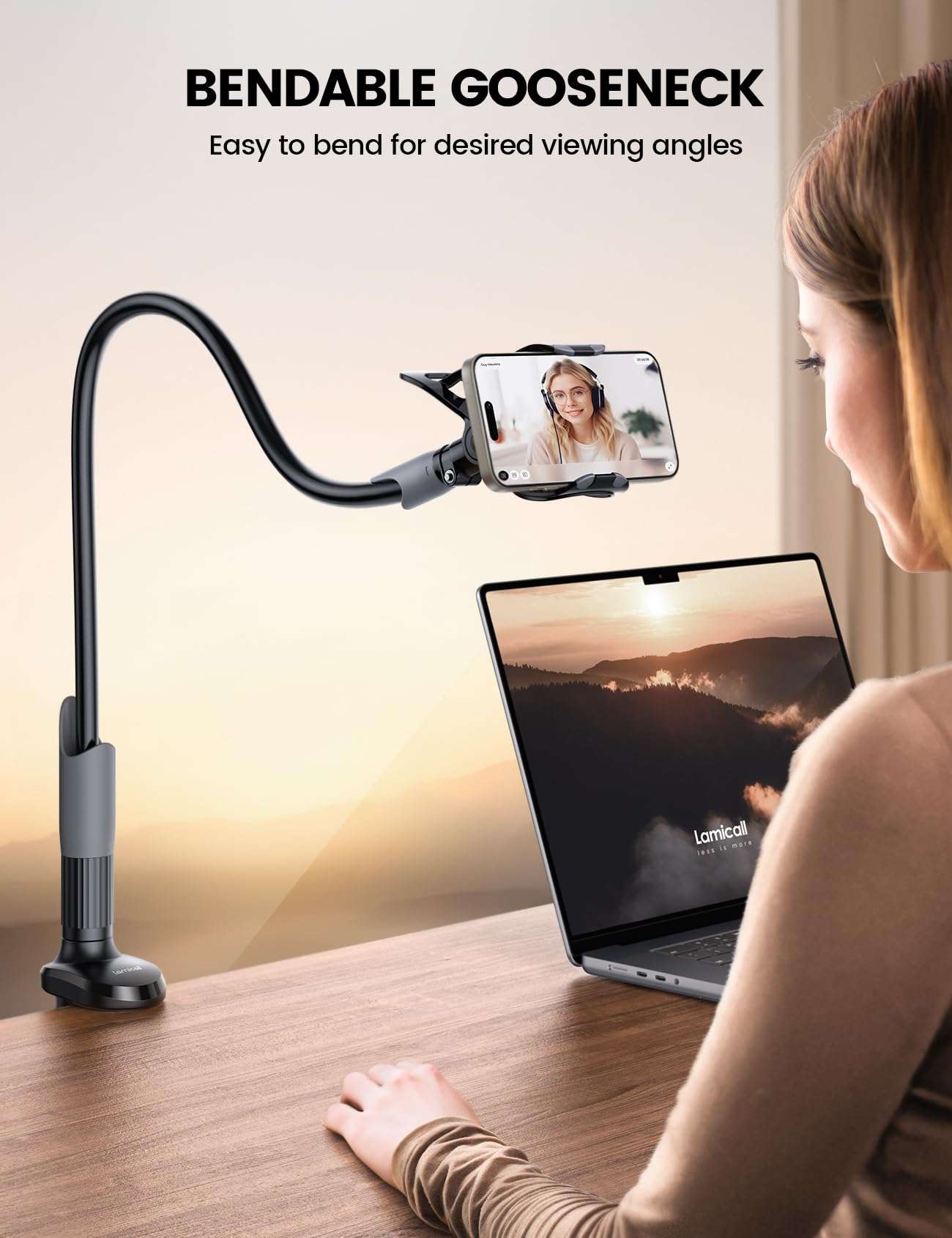 Lamicall Gooseneck Phone Holder for Bed - Cell Phone Mount Clamp Clip, Flexible Long Arm, Overhead Mount for Desk Headboard Bedside, for iPhone Air 17 Pro Max, 16 Pro Max, 15, 14 & 4-7" Phone - Image 2