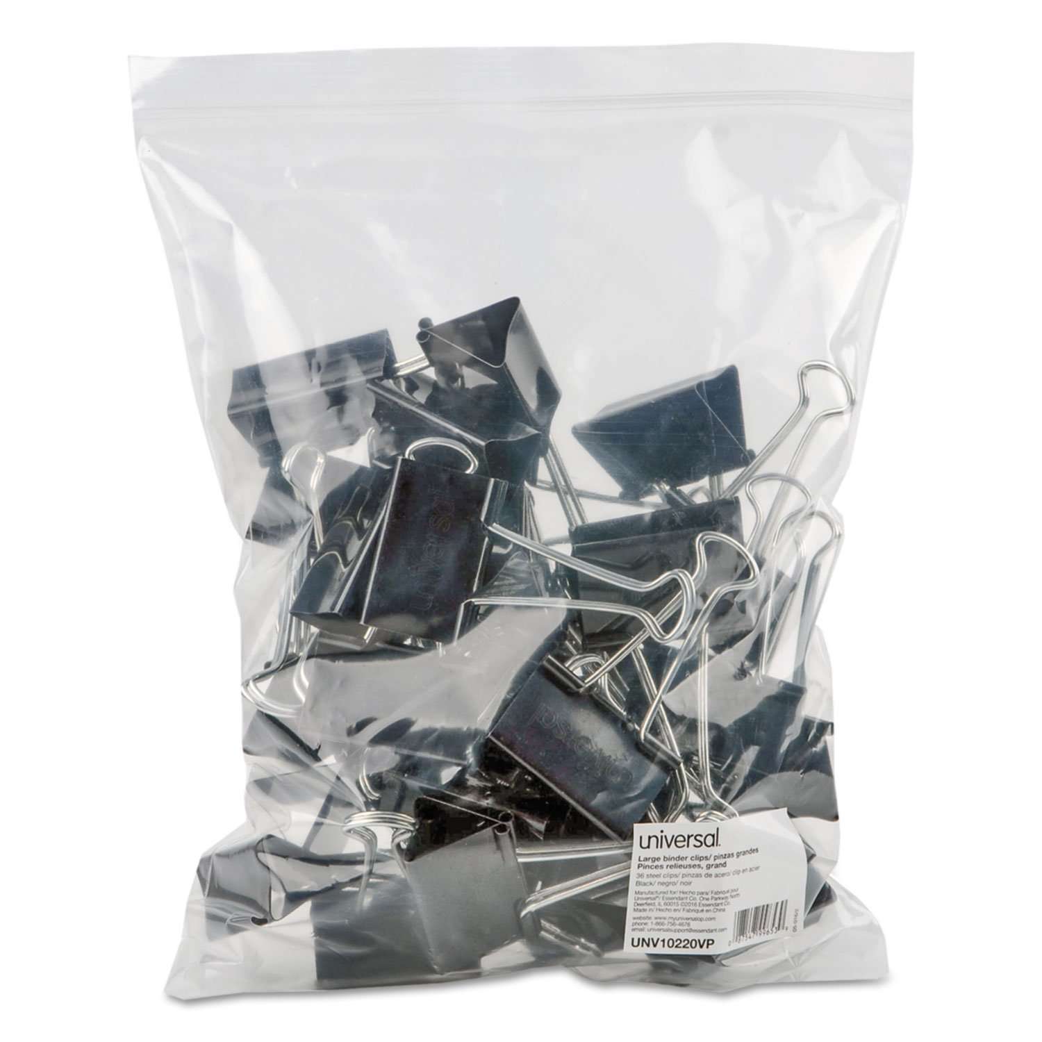 Universal 10220VP Large Binder Clips, Zip-Seal Bag, 1-Inch Capacity, 2-Inch Wide, Black, 36/Bag - Image 3