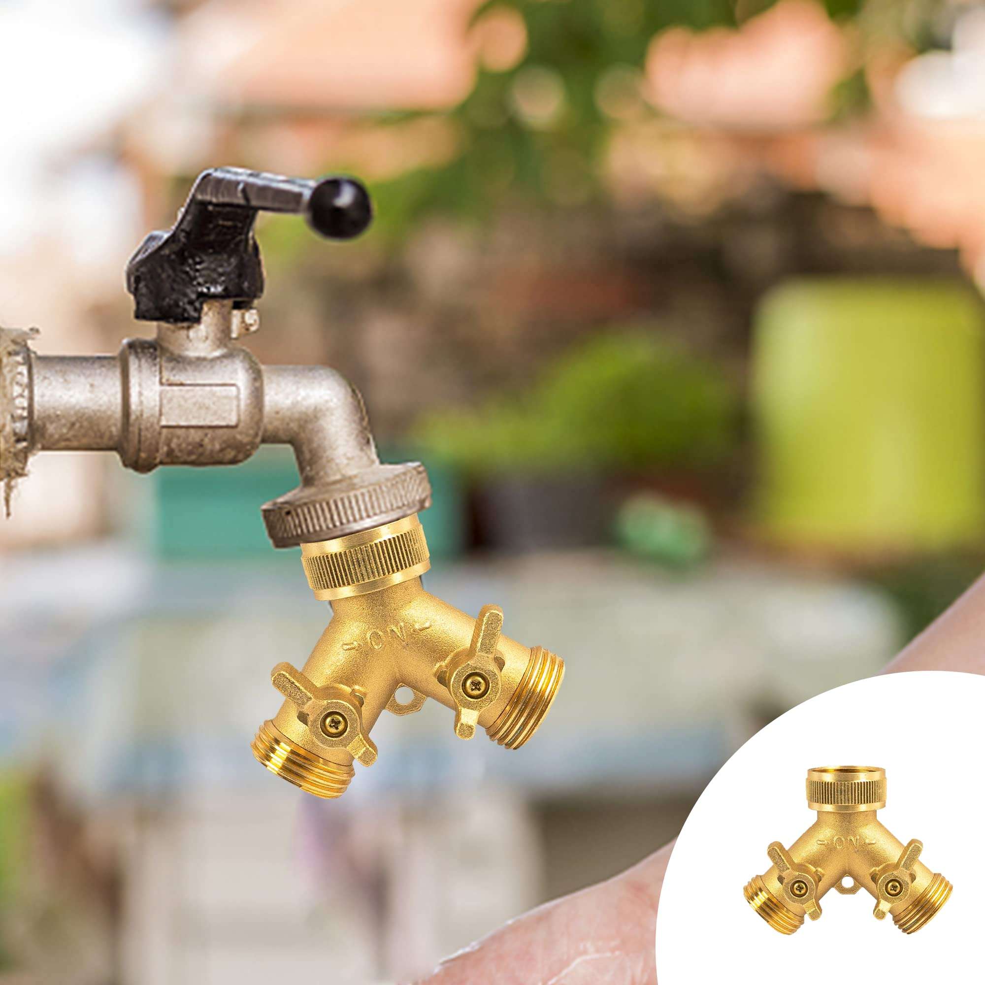 Hourleey Brass Garden Hose Splitter (2 Way), Solid Brass Hose Y Splitter 2 Valves with 2 Extra Rubber Washers (Brass) - Image 2