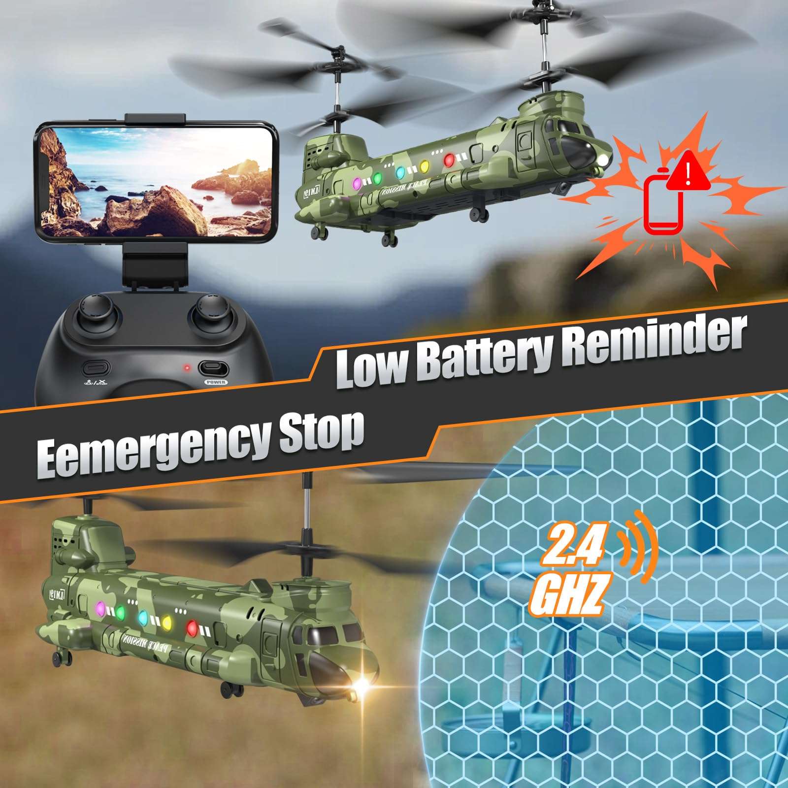 OBEST LM19-D Chinook RC Helicopter,Remote Control Military Helicopter with Camera,Twin-propeller with Altitude Hold,One Key take Off/Landing,Army RC Toys for Boys and Military Fans - Image 4