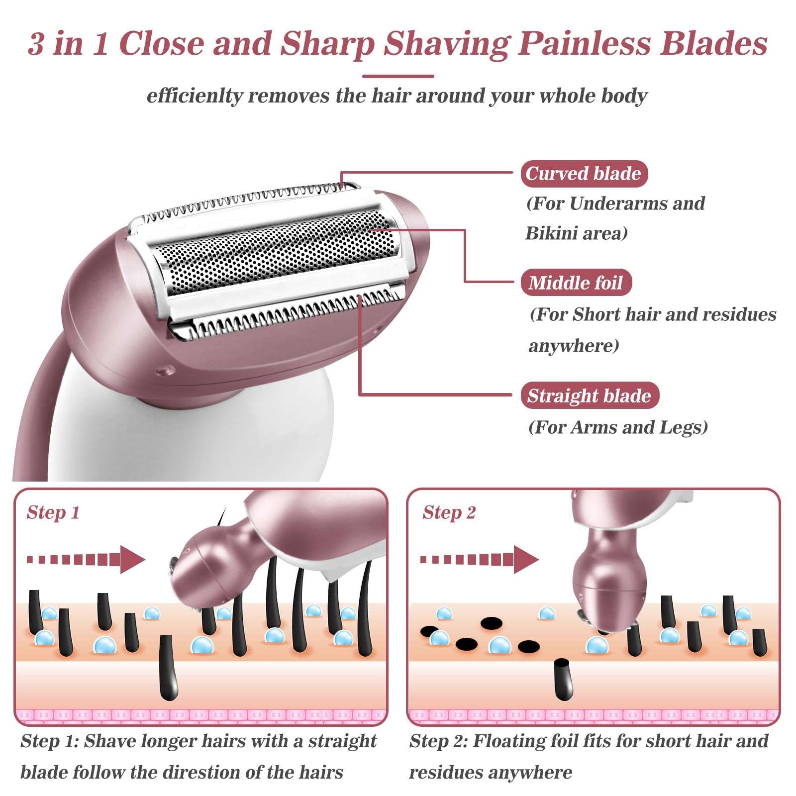 Electric Shaver for Women for Legs Bikini Trimmer Electric Razors for Women Underarm Public Hairs Rechargeable Womens Shaver Wet Dry Use Painless Cordless with Detachable Head (Pink) - Image 2