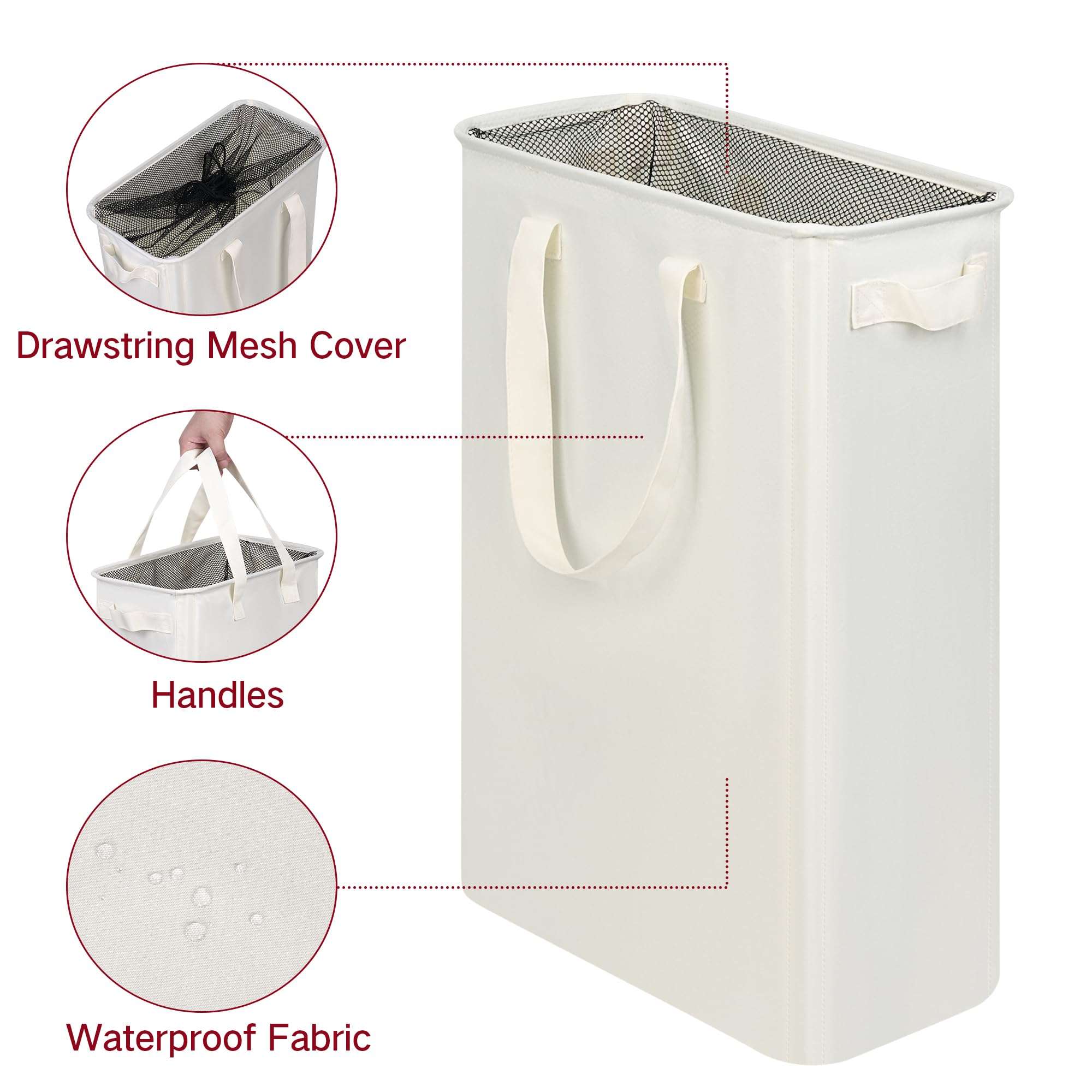 efluky Slim Laundry Basket, Narrow Laundry Hamper with Handles, Collapsible Dirty Clothes Hamper, Tall Laundry Bin for Laundry Room, Dorm and Bedroom, 12.7 Gallons(48L) Beige - Image 5