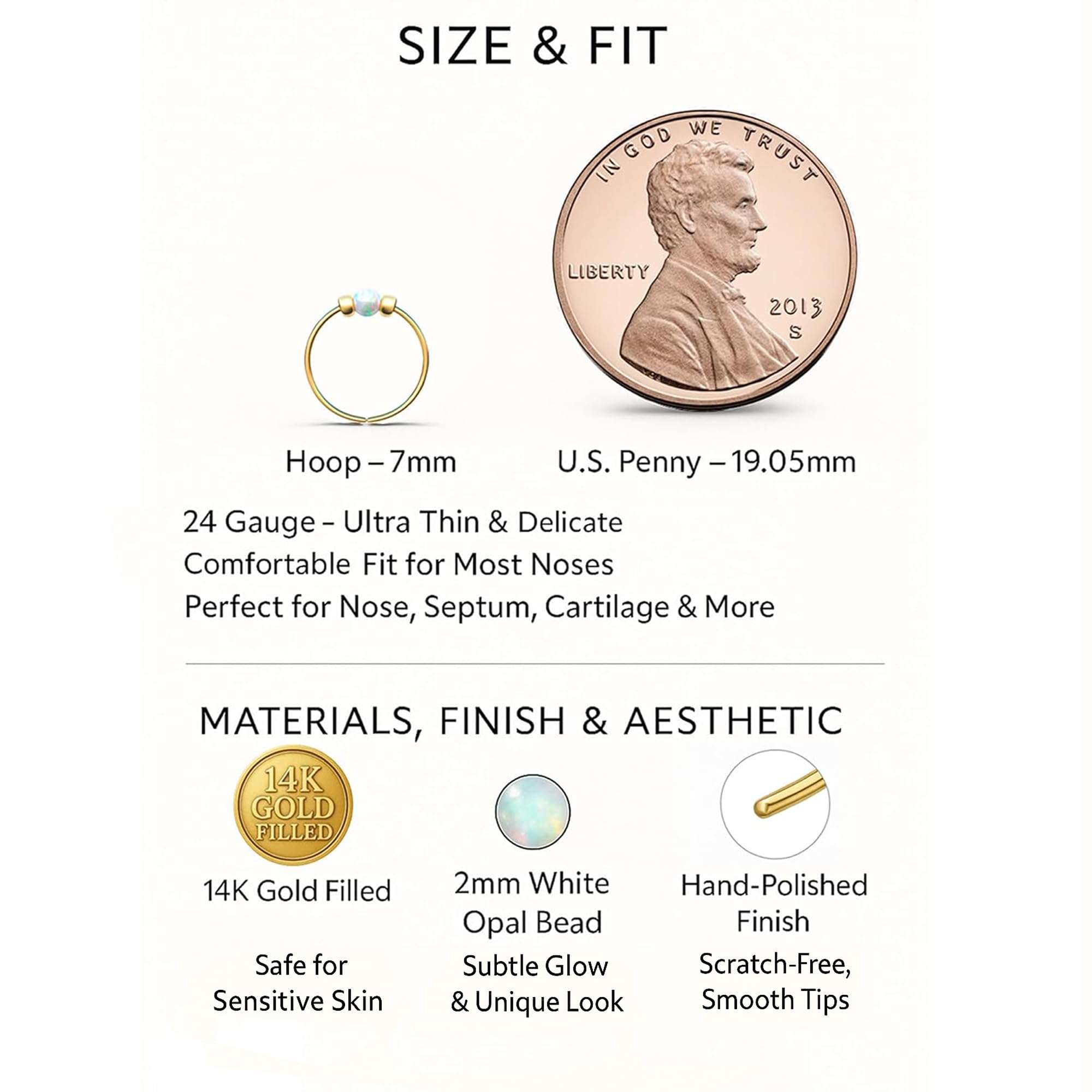 Gold Nose Ring - Thin Tiny White Opal 24 Gauge Nose Hoop Rings -14k Gold Filled Smooth Comfortable Nose Piercing Jewelry For Women - Gift Ready - Image 2