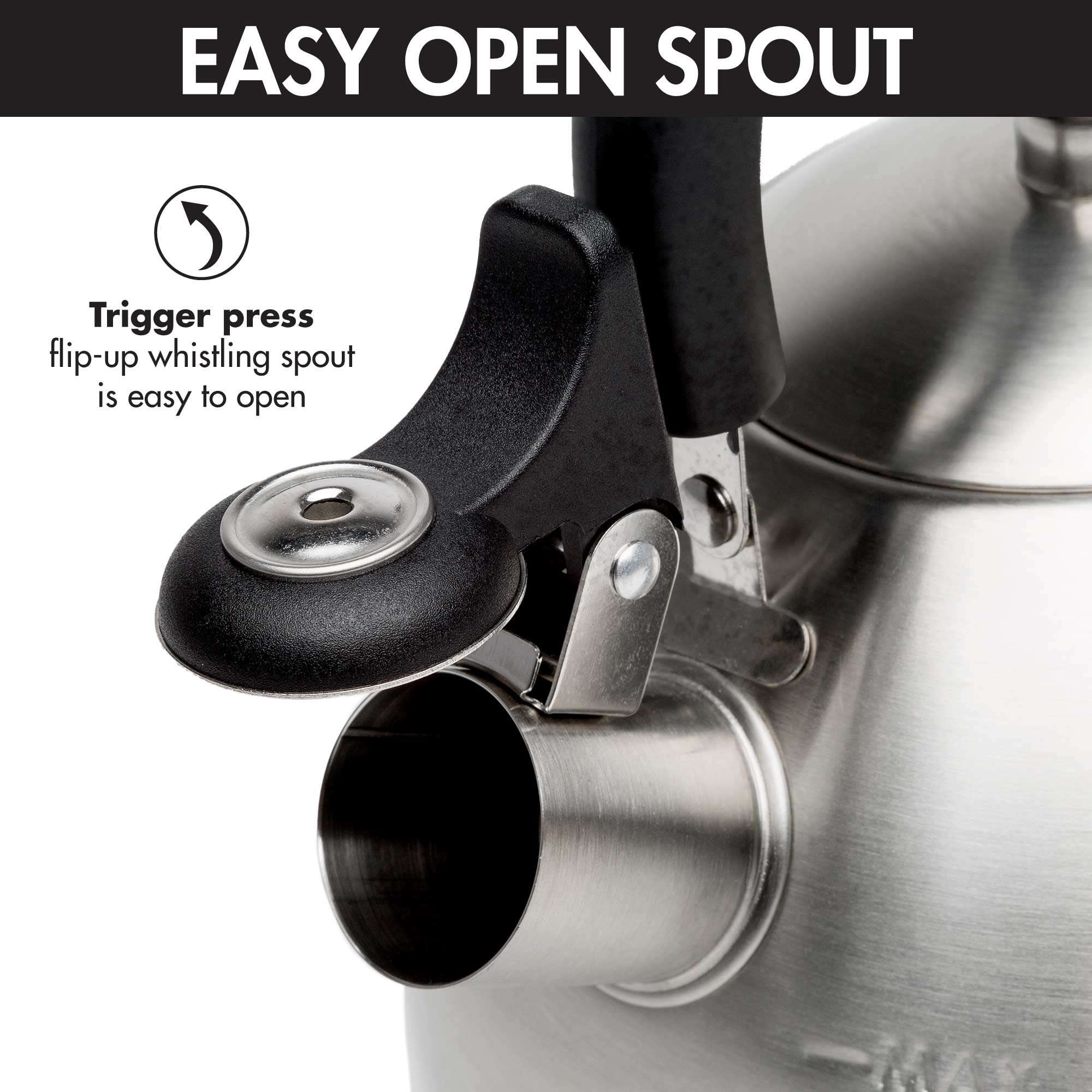 Primula Stewart Whistling Stovetop Tea Kettle Food Grade Stainless Steel, Hot Water Fast to Boil, Cool Touch Folding, 1.5-Quart, Brushed with Black Handle - Image 7