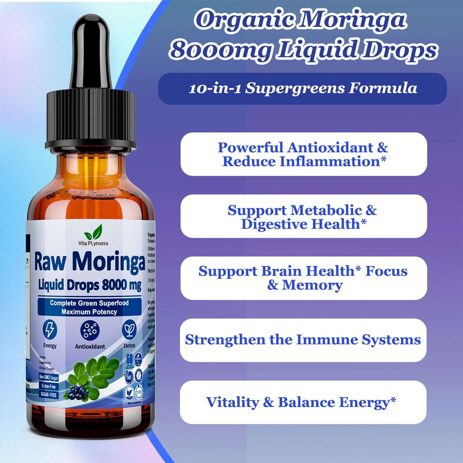 Raw Moringa Liquid Drops 8000 mg, Organic Moringa Oleifera Leaf Extract w. Supergreens Blend of Wheatgrass, Barley Grass for Antioxidant, Energy & Immune, High Potency Than Capsules Powder - Image 3