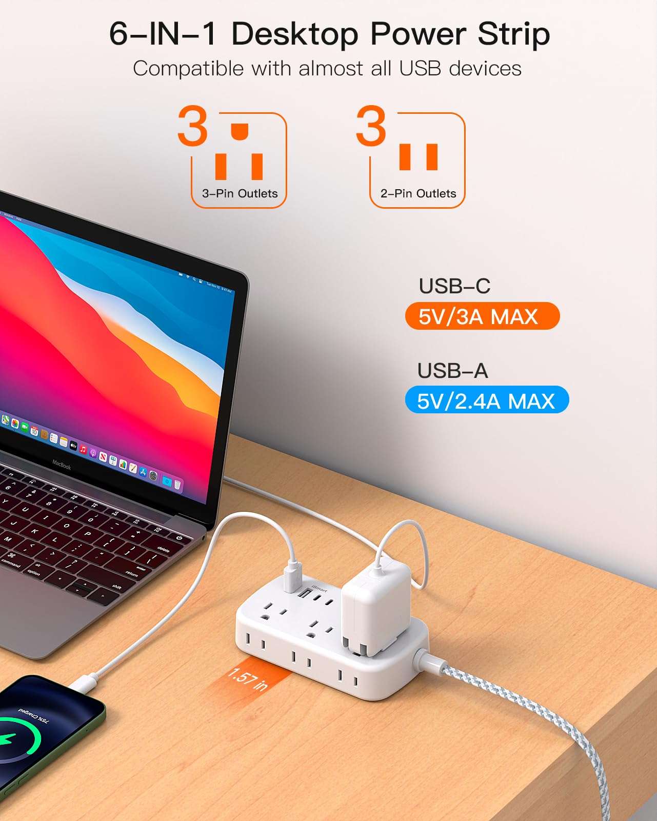 10FT Flat Plug Power Strip with USB C, BESHON Ultra Thin Flat Plug Extension Cord - 6 Outlets with 4 USB Ports(2 USB C), Power Strip for Dorm Room Travel Essentials - Image 5