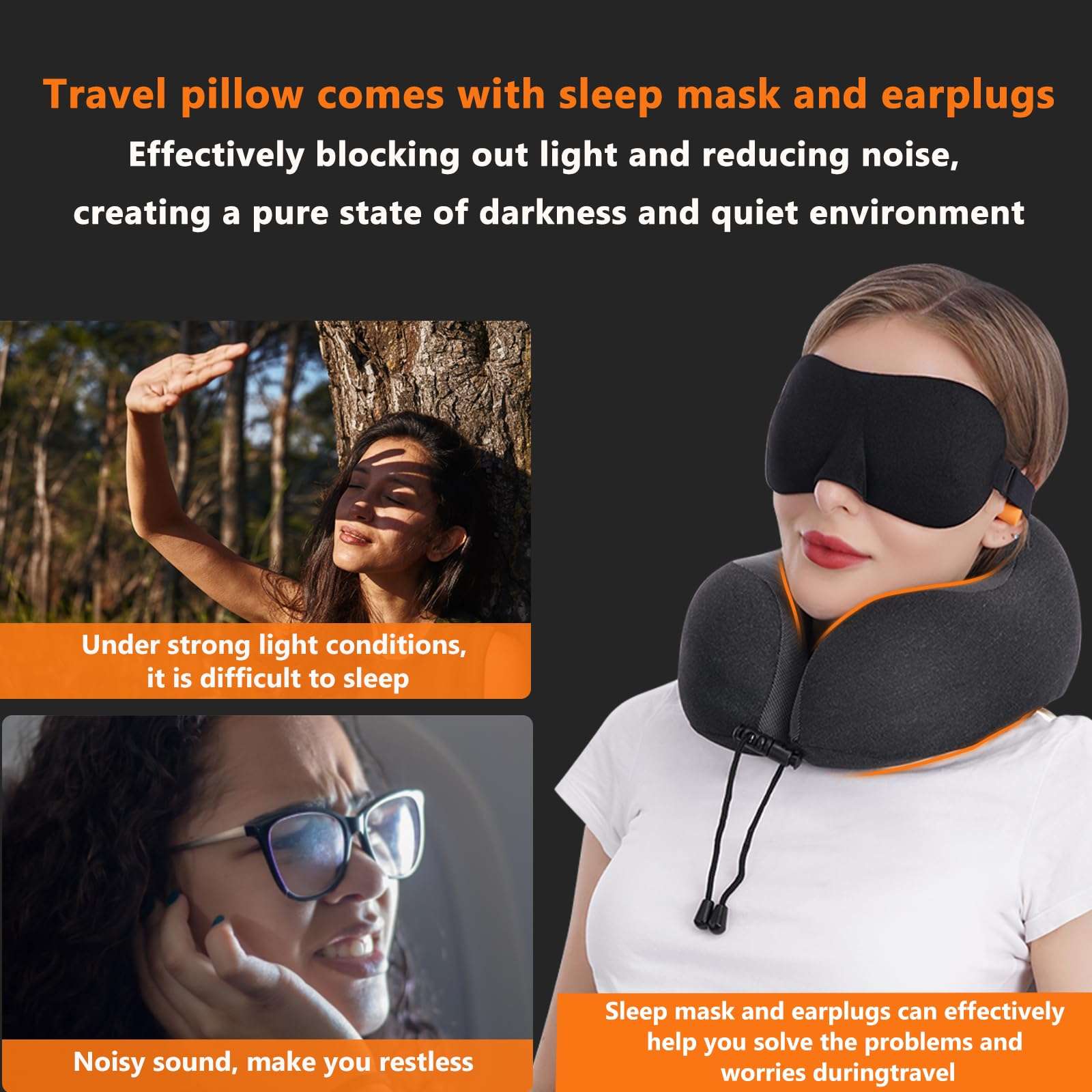 MLVOC Travel Pillow 100% Pure Memory Foam Neck Pillow, Comfortable & Breathable Cover, Machine Washable, Airplane Travel Kit with 3D Contoured Eye Masks, Earplugs, and Luxury Bag, Standard (Black) - Image 4