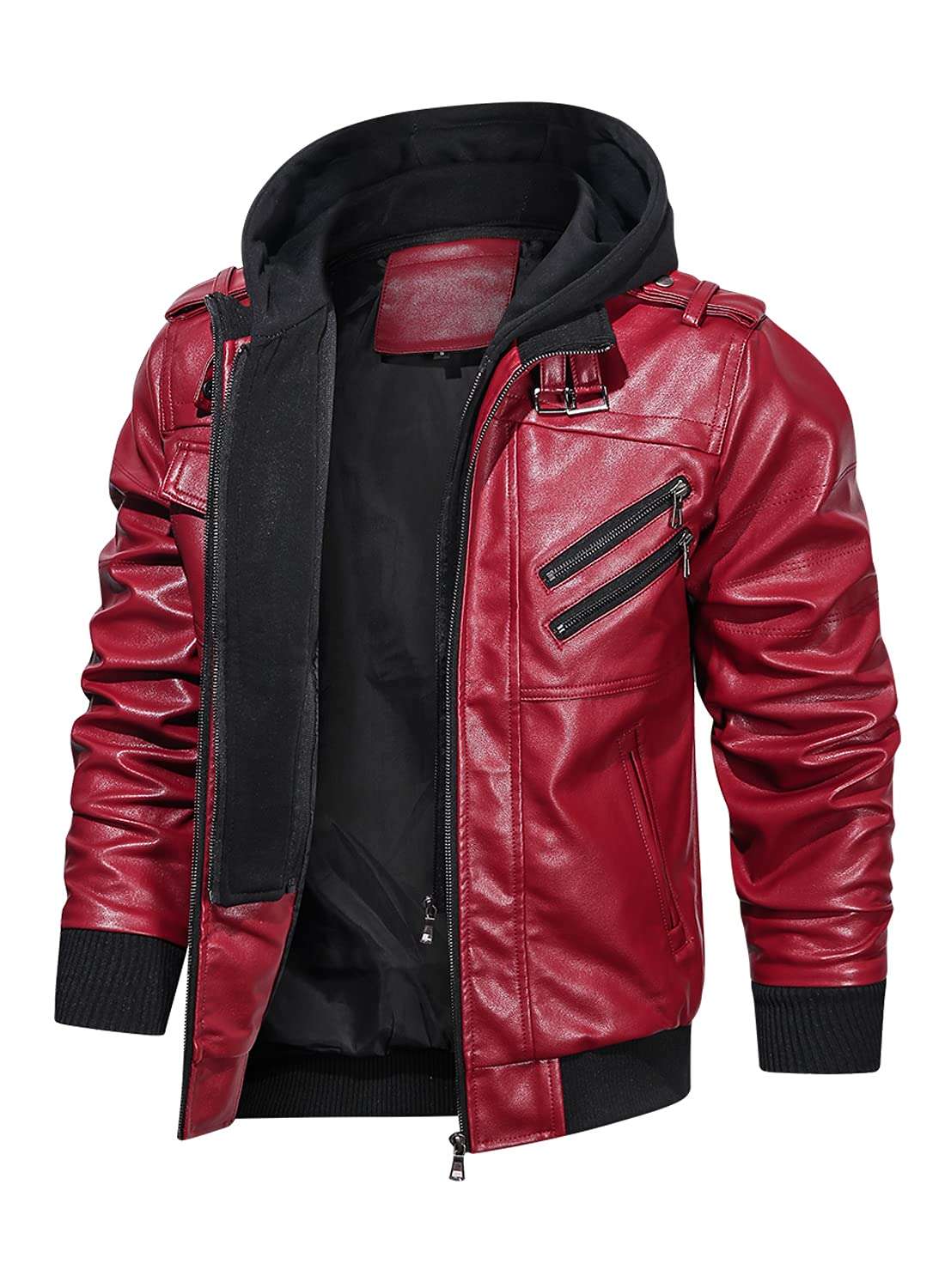 HOOD CREW Men’s Casual Stand Collar PU Faux Leather Zip-Up Motorcycle Bomber Jacket With a Removable Hood - Image 5