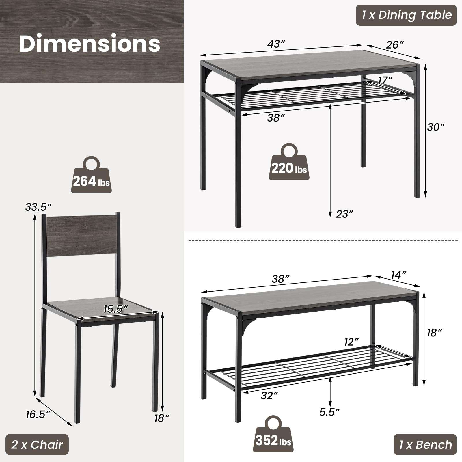 Tangkula Dining Table Set for 4, Kitchen Table and 2 Chairs for 4 with Bench, Additonal Storage Rack, 4 Piece Dining Table Set for Small Space, Apartment - Image 3