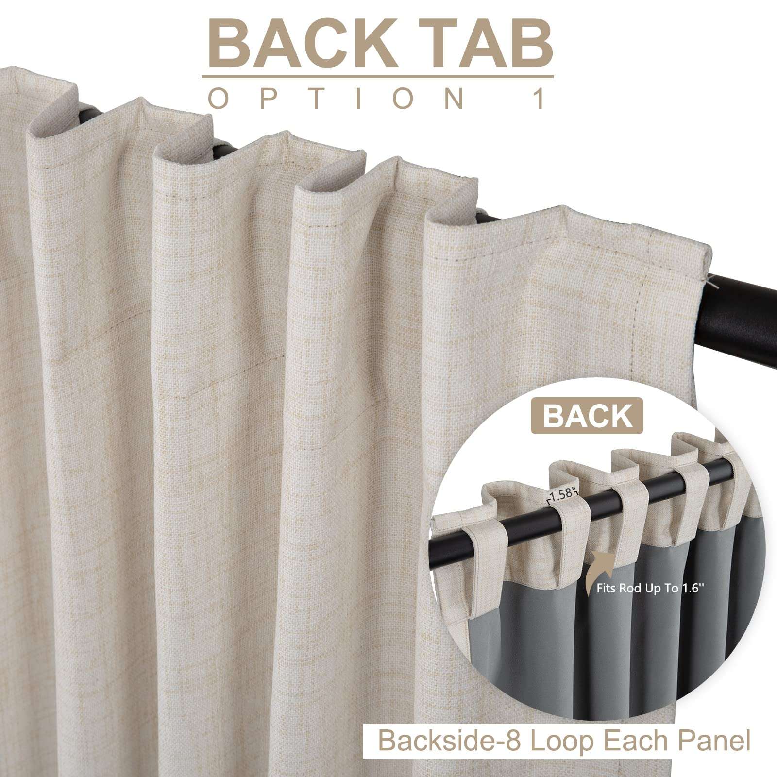 100% Blackout Shield Linen Blackout Curtains for Bedroom 108 Inches Long, Back Tab/Rod Pocket Living Room Drapes, Thermal Insulated Blackout Curtains 2 Panels Set, 50" W x 108" L,Cream - Image 3