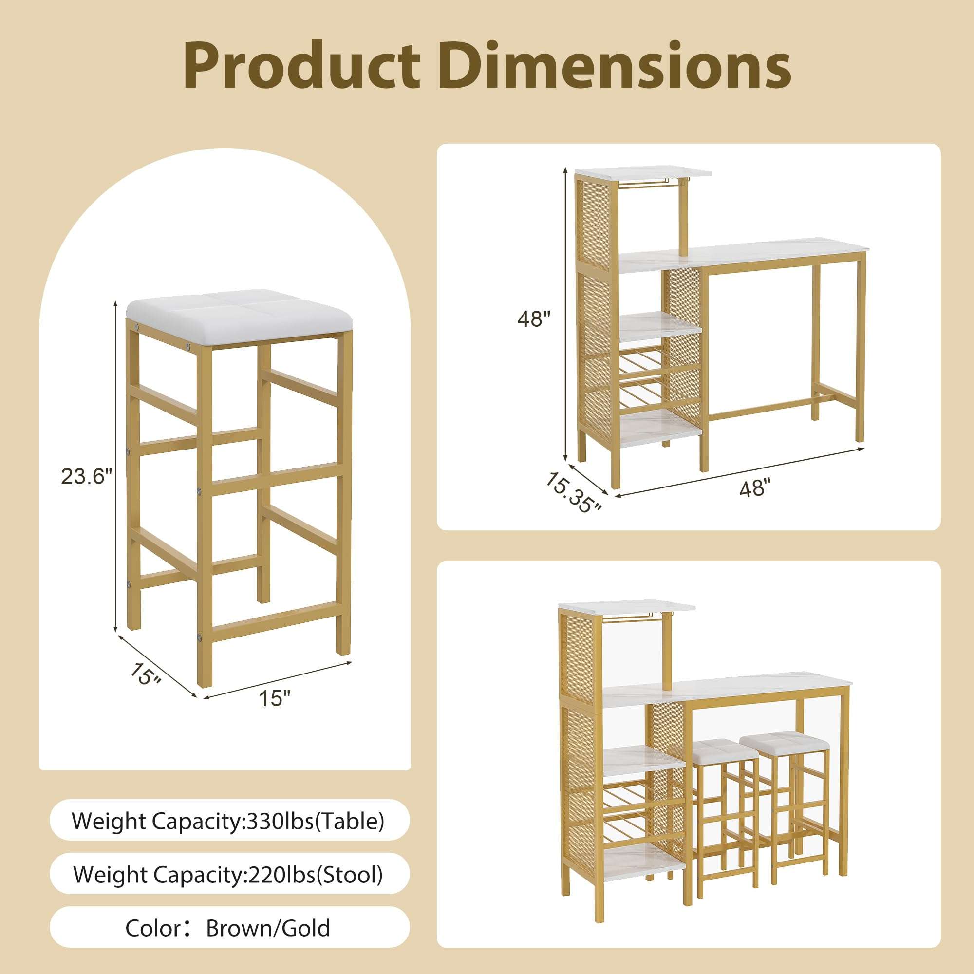 VECELO Bar Table and Chairs Set for 2, 3-Piece Dining Set with Storage Shelves, Cup Holder & Wine Rack, PU Leather Cushion Stools, for Kitchen Small Space, Gold - Image 2
