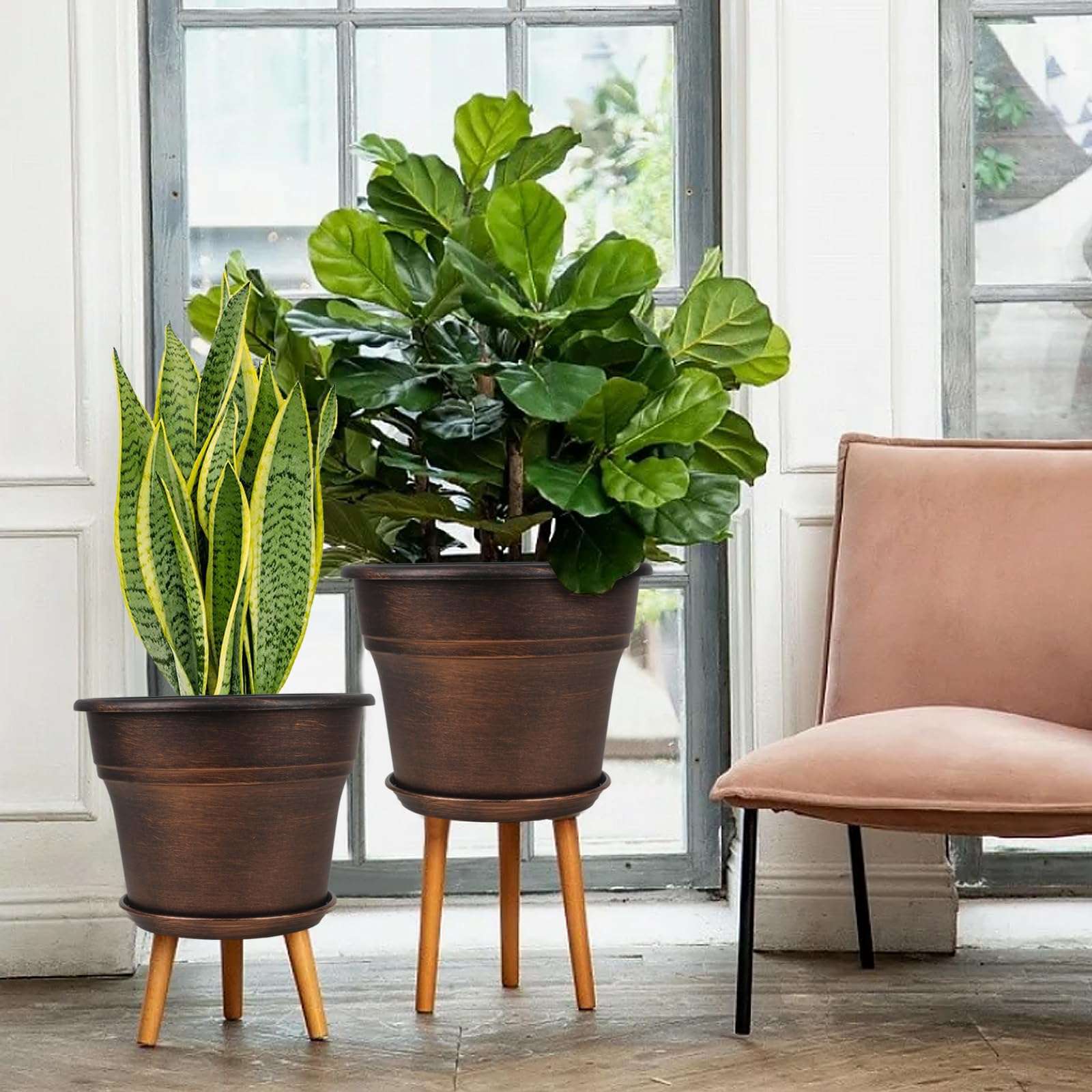 Plant Planters Pots Set of 4 Pack 8 Inch, Plastic Flower Pot for Indoor Plants with Drainage Holes & Trays, Resin Decorative Container Sets with Saucer for House Outdoor Garden Planters Copper - Image 6