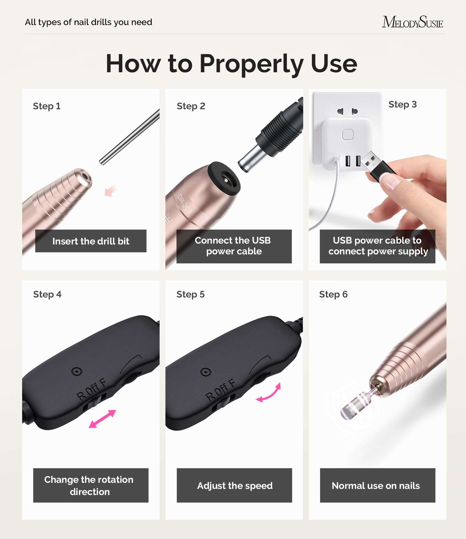 MelodySusie Electric USB Nail Drill Machine,PC120I Portable Electric Nail File Efile Set for Acrylic Gel Nails, Manicure Pedicure Tool with Nail Drill Bits Sanding Bands Gold - Image 5