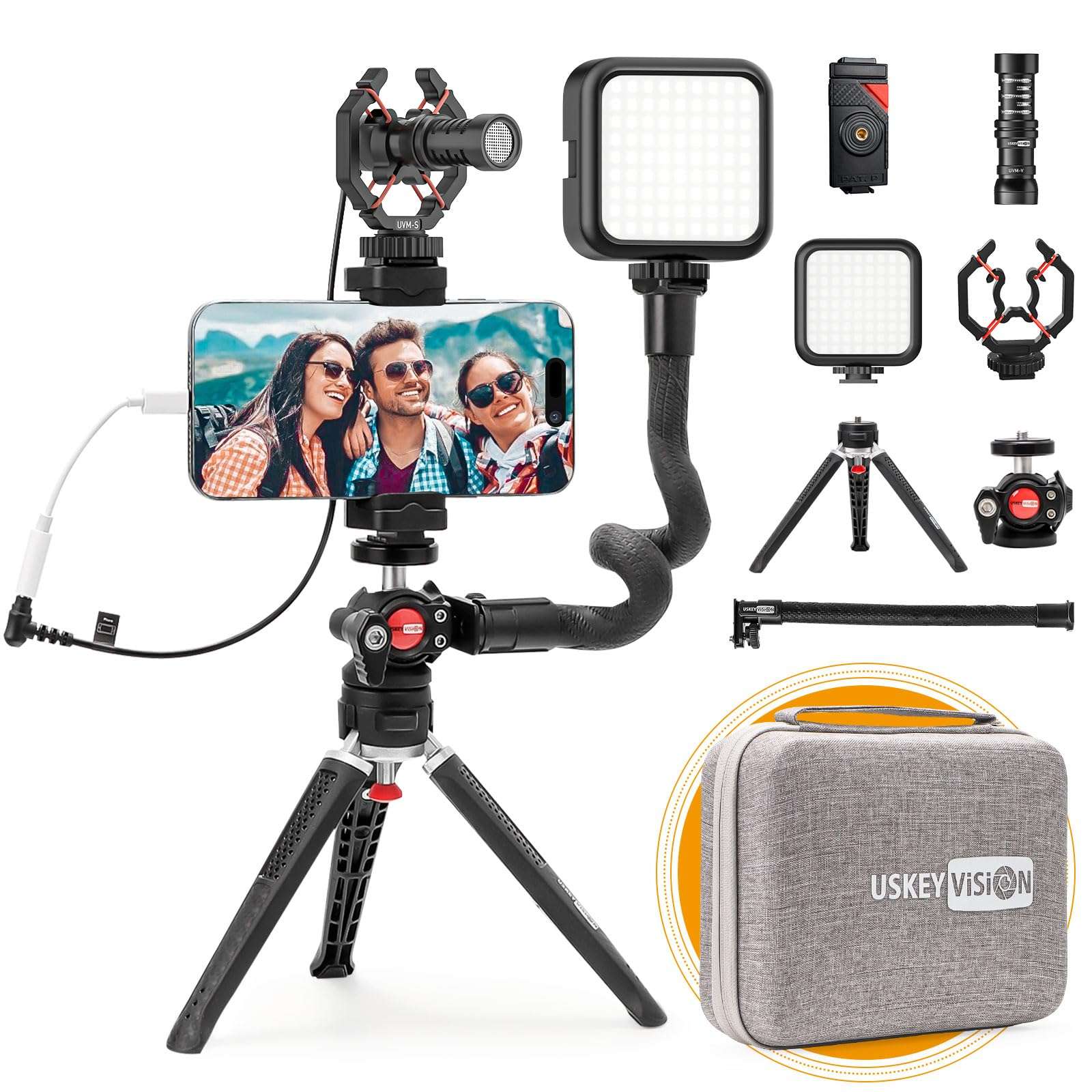 USKEYVISION Smartphone Video Vlogging Kit Metal Microphone Light Tiktok YouTube Podcast Equipment for iPhone 15/14/13 Mini/Pro/Max, Android Smartphone (V-Master) - Image 1