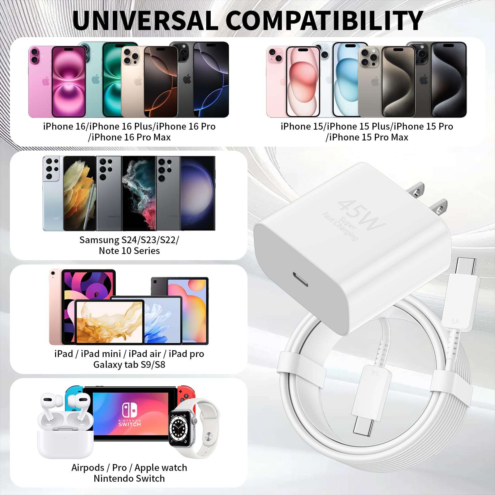 iPhone 16 Pro Max Charger Fast Charging 10FT,45W USB C iPhone 16 Super Fast Charger Block with Long Type C Charging Cable for iPhone 16/16 Pro/16 Pro Max/16 Plus/15/15 Pro Max/Pro,Galaxy S24(2Pack) - Image 6
