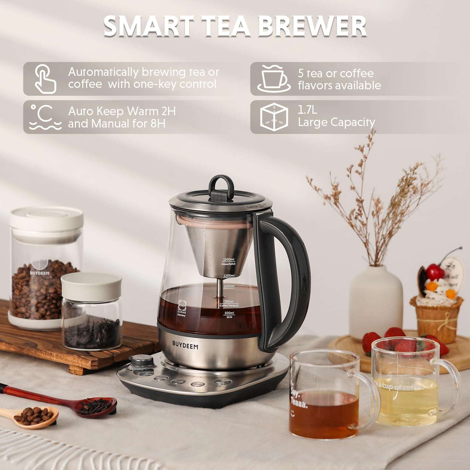 BUYDEEM K176 Tea Maker, Multifunctional Stainless Steel Electric Kettle for Tea and Coffee Brewing, Auto Keep Warm, 5 Flavor Controls, 1.5L - Image 7