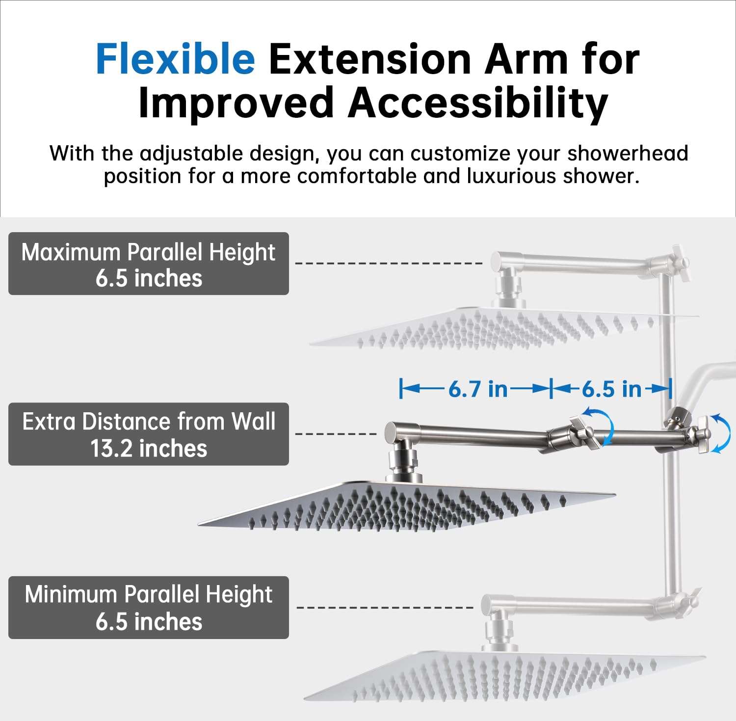 G-Promise All Metal 10 Inches Rainfall Shower Head with Handheld Spray Combo, 3 Settings Diverter, Adjustable Extension Arm with Lock Joints, 71 Inches Stainless Steel Hose (Brushed Nickel) - Image 4