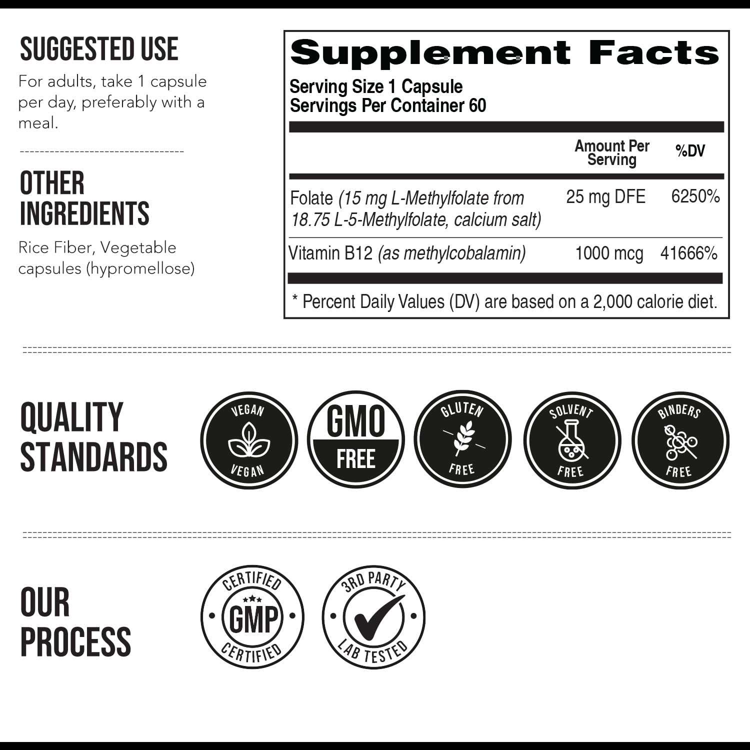 L Methyl Folate 15mg Plus Methyl B12 Cofactor – High Potency, Active 5-MTHF Form - Supports Mood, Methylation, Cognition – Bioactive Forms of Vitamin B9 & B12 (60 Capsules – 60 Servings) - Image 6