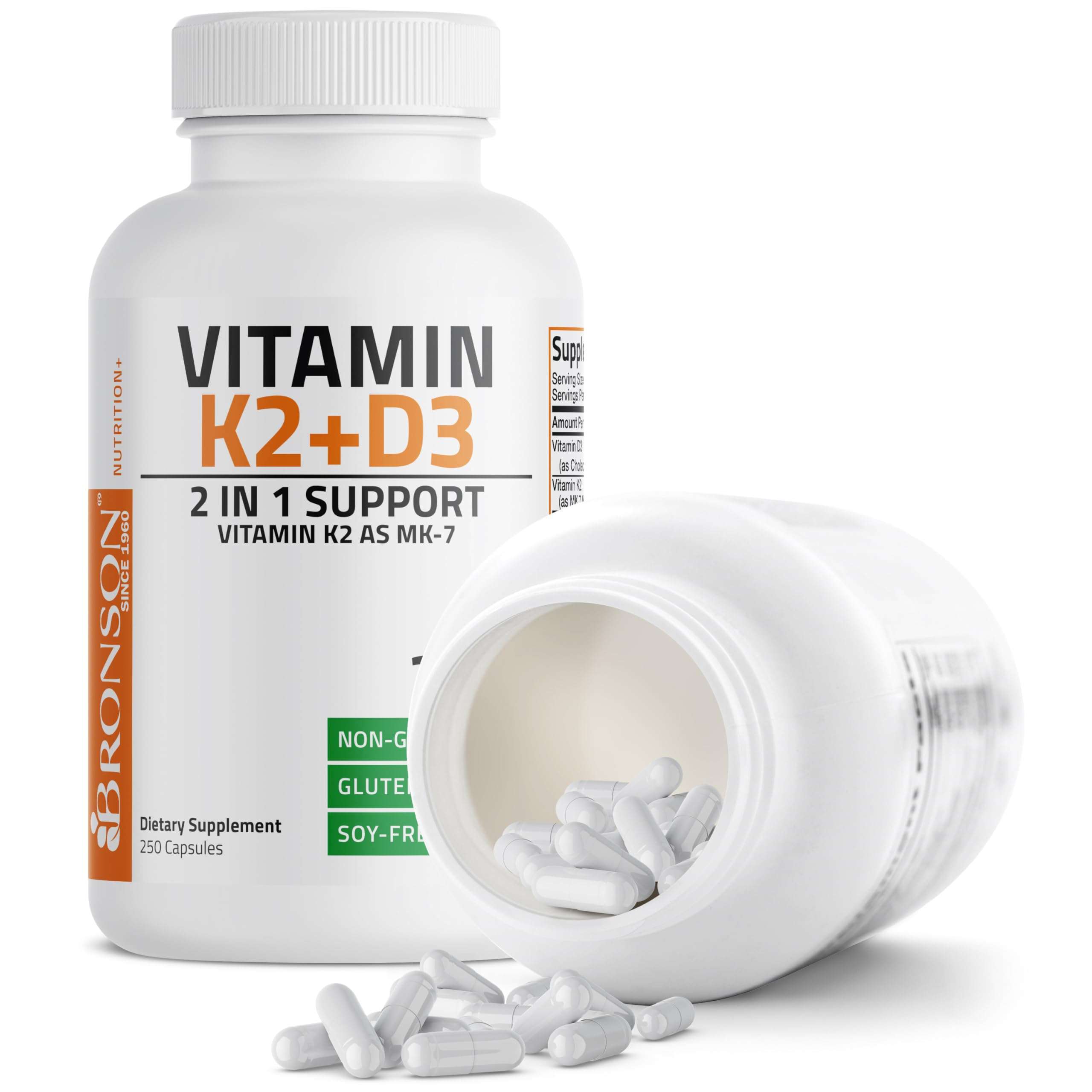 Bronson Vitamin K2 (MK7) with D3 Supplement Non-GMO Formula 5000 IU Vitamin D3 & 90 mcg K2 MK-7 Easy to Swallow D & K Complex, 250 Capsules - Image 6