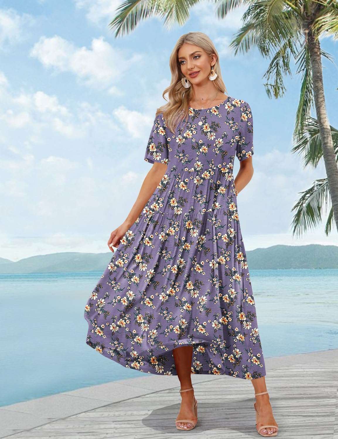 YESNO Women Casual Loose Bohemian Floral Dress with Pockets Short Sleeve Long Maxi Summer Beach Swing Dress EJF - Image 2