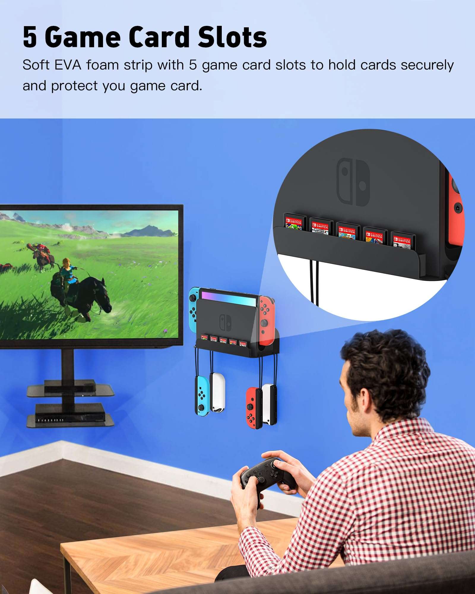 ZAONOOL Wall Mount for Nintendo Switch and Switch OLED, Metal Wall Mount Kit Shelf Accessories with 5 Game Card Holders and 4 Joy Con Brackets, Safely Store Switch Console Near or Behind TV, Black - Image 5