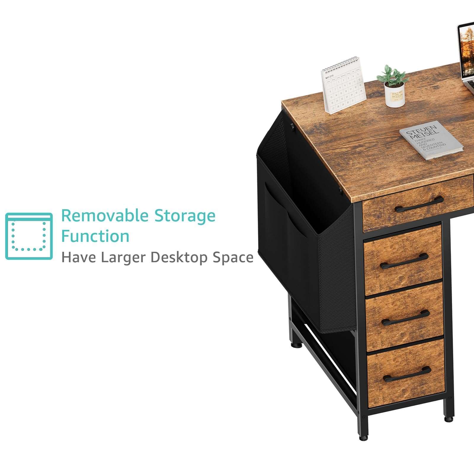 Lufeiya L Shaped Computer Desk with Drawers - 48 Inch Office Desk with Shelves Storage, Reversible Corner PC Desks with Power Outlet for Home Office, Bed Room, Writing Workstation, Brown - Image 8