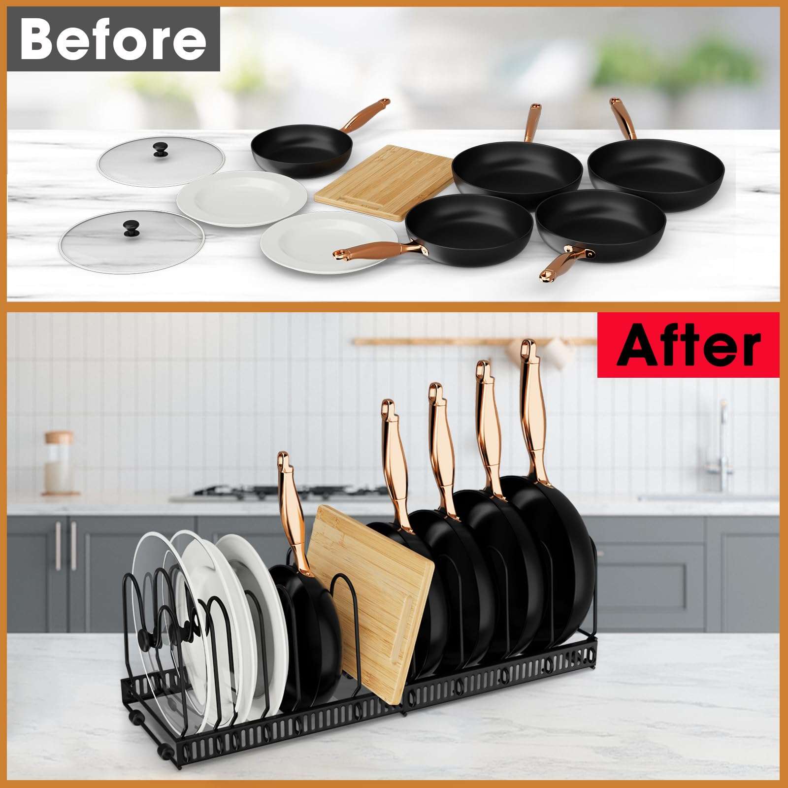 coneyaro Pots and Pans Organizer, Expandable Rack with 11 Dividers for Bakeware and Lid Storage (Black) - Image 6