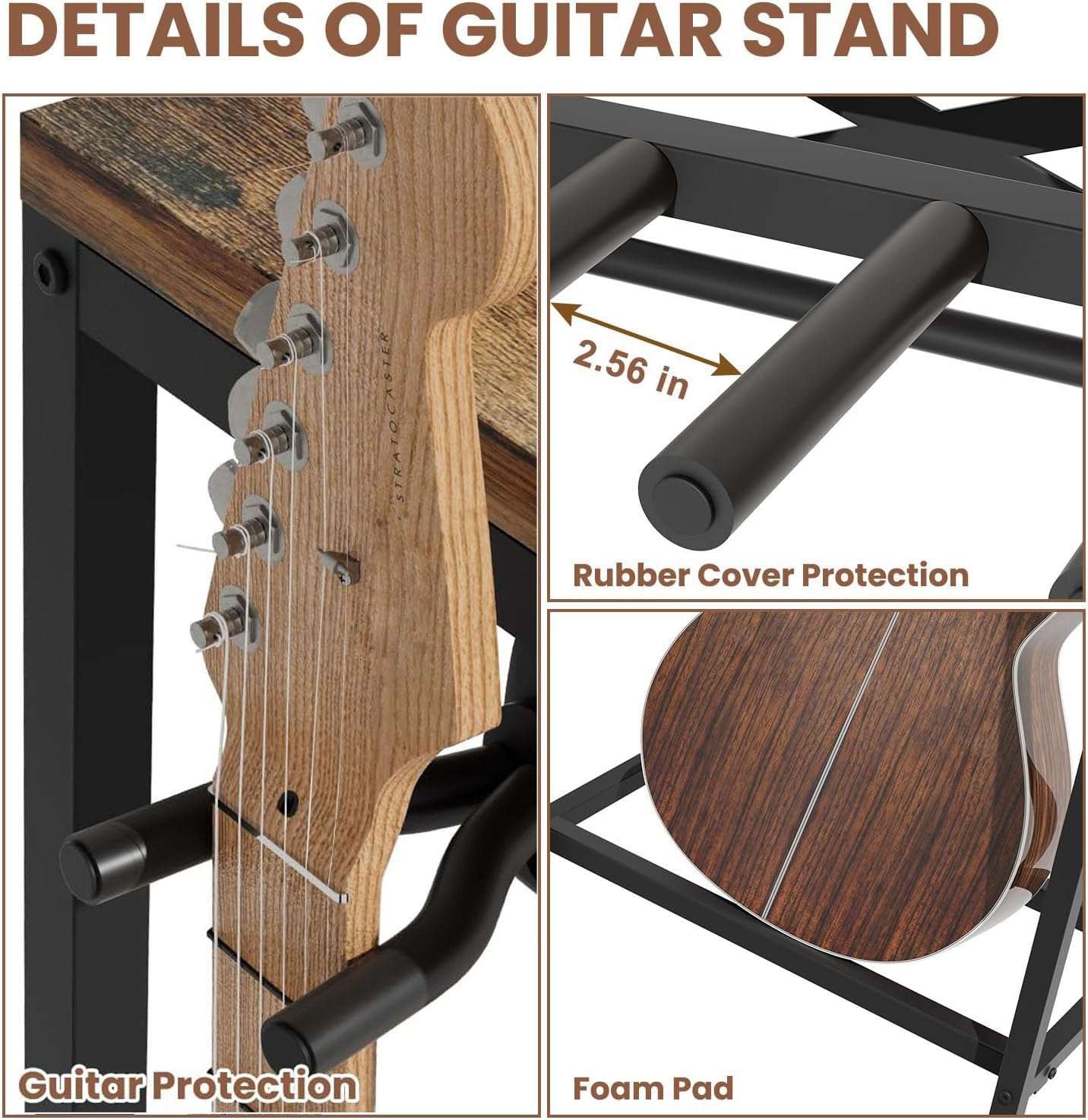storenization Guitar Stand for Multiple Guitars, Guitar Rack for Acoustic Guitar, Electric Guitar, Bass and Ukulele, Rustic Guitars Display Stand with 2 Guitar Hangers - Image 4