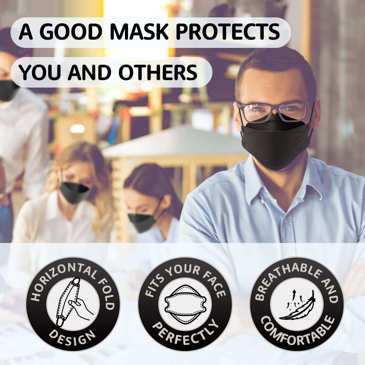 LEVENIS KN95 Face Masks 50 Pack, Breathable Comfortable and Disposable KN95 Mask, Black - Image 4