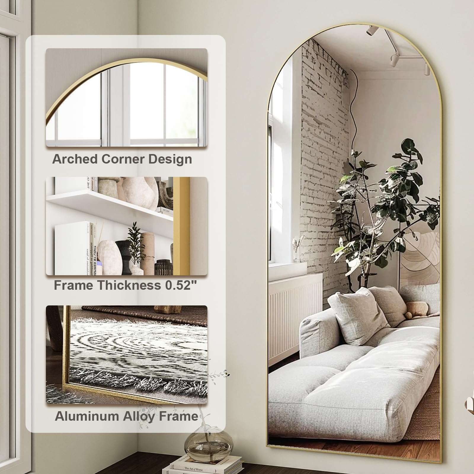 HARRITPURE 64"x21" Arched Full Length Mirror Free Standing Leaning Hanging Mounted Mirror Aluminum Frame Modern Simple Home Decor for Living Room Bedroom Cloakroom, Gold - Image 5