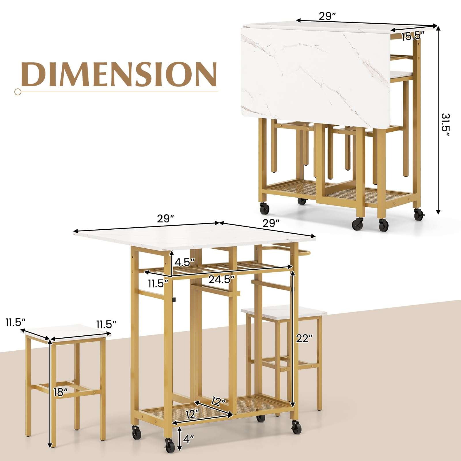Giantex 3-Piece Foldable Dining Table Set, Extendable Dining Table & 2 Stools Set w/ 6-Bottle Wine Rack, Shelves & Side Pushing Handle, Space-Saving Dining Room Kitchen Table Set for Small Space - Image 3