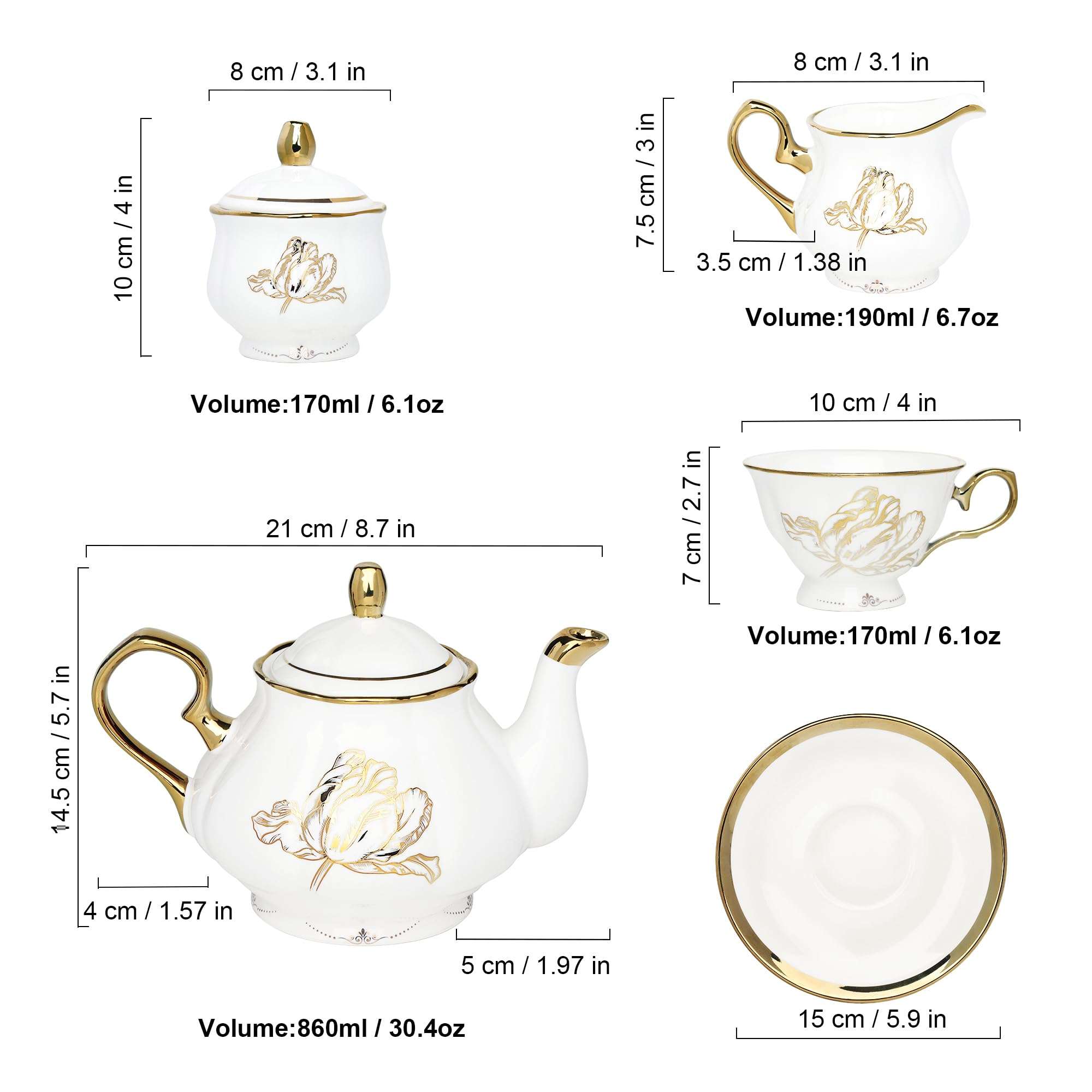 fanquare British Porcelain Tea Coffee Set 22 Piece New Bone China Gold Tulip Tea Service for Afternoon Tea, 6 TeaCup and Saucers with Metal Holder for Home Wedding Birthday - Image 3