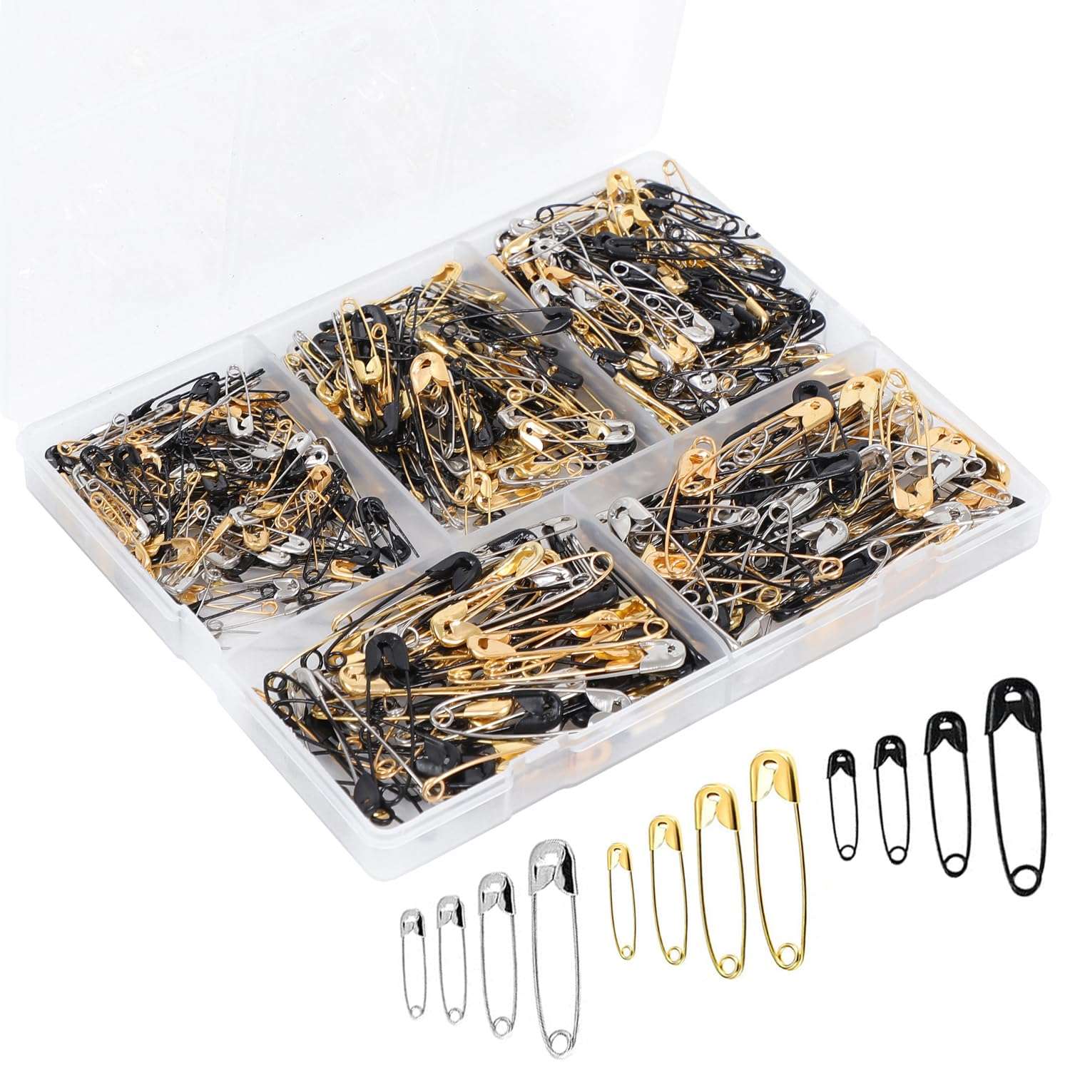 600 Pcs Safety Pins Assorted, 4 Sizes Large and Small Safety Pins for Clothes,Black Gold Silver Safety Pin Rust Resistant for Art,Crafts, Sewing and Jewelry Making - Image 1