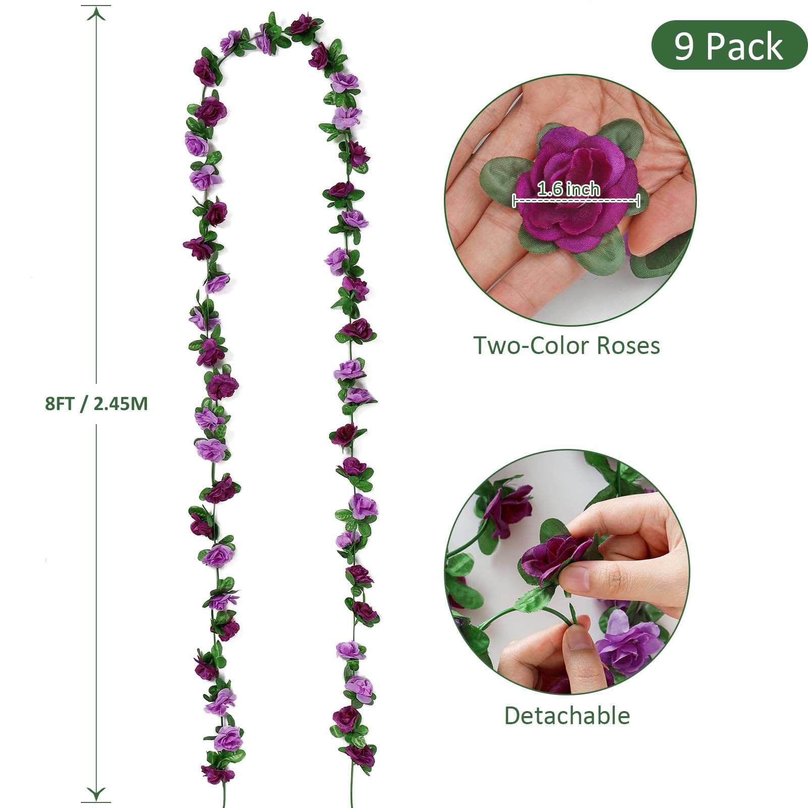 KHOYIME 9 Pack 72 FT Artificial Flower Garland, Fake Purple Roses Vines Silk Flowers Faux Plastic Outdoor Hanging Floral Ivy Garland Decoration for Wedding Arch Bedroom Home Wall Backdrop Room Decor - Image 3