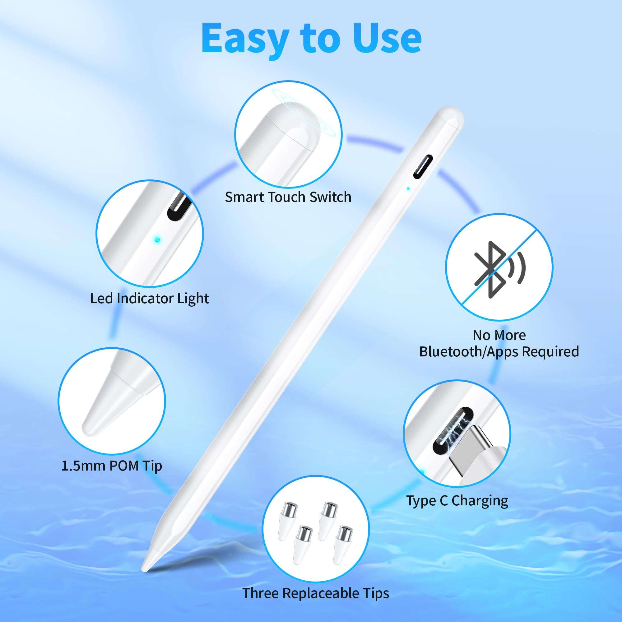 Stylus Pen, Active Stylus Pen Compatible for iOS and Android Touchscreens/Phones, Rechargeable Stylus Pen with Dual Touch Screen, Stylus Pencil for A-pple/Android/Tablet, 16.5CM,White - Image 4