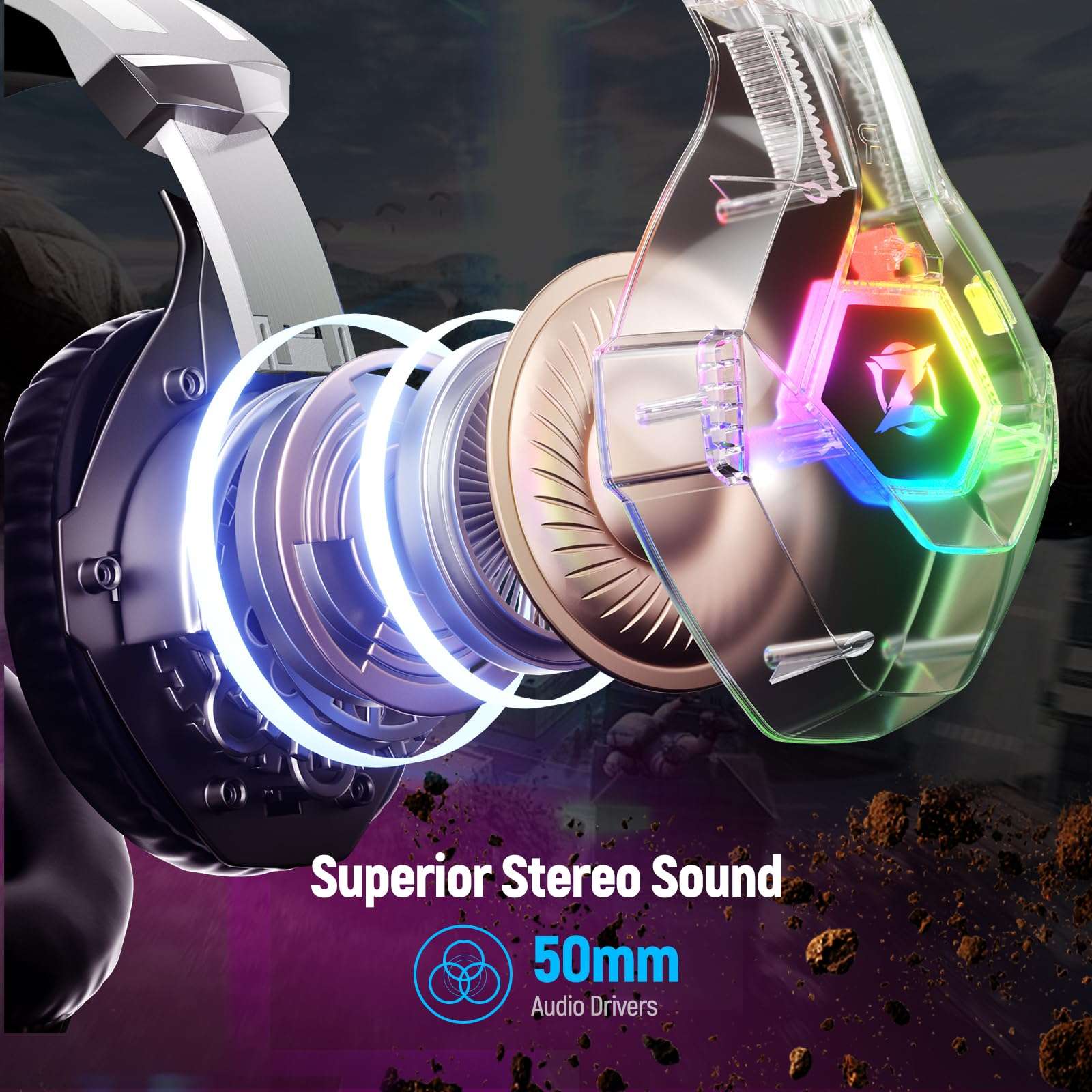 Ozeino Gaming Headset for PC, Ps4, Ps5, Xbox Headset with 7.1 Surround Sound Gaming Headphones with Noise Canceling Mic, LED Light Over Ear Headphones for Switch, Xbox Series X/S, Laptop, Mobile White - Image 3