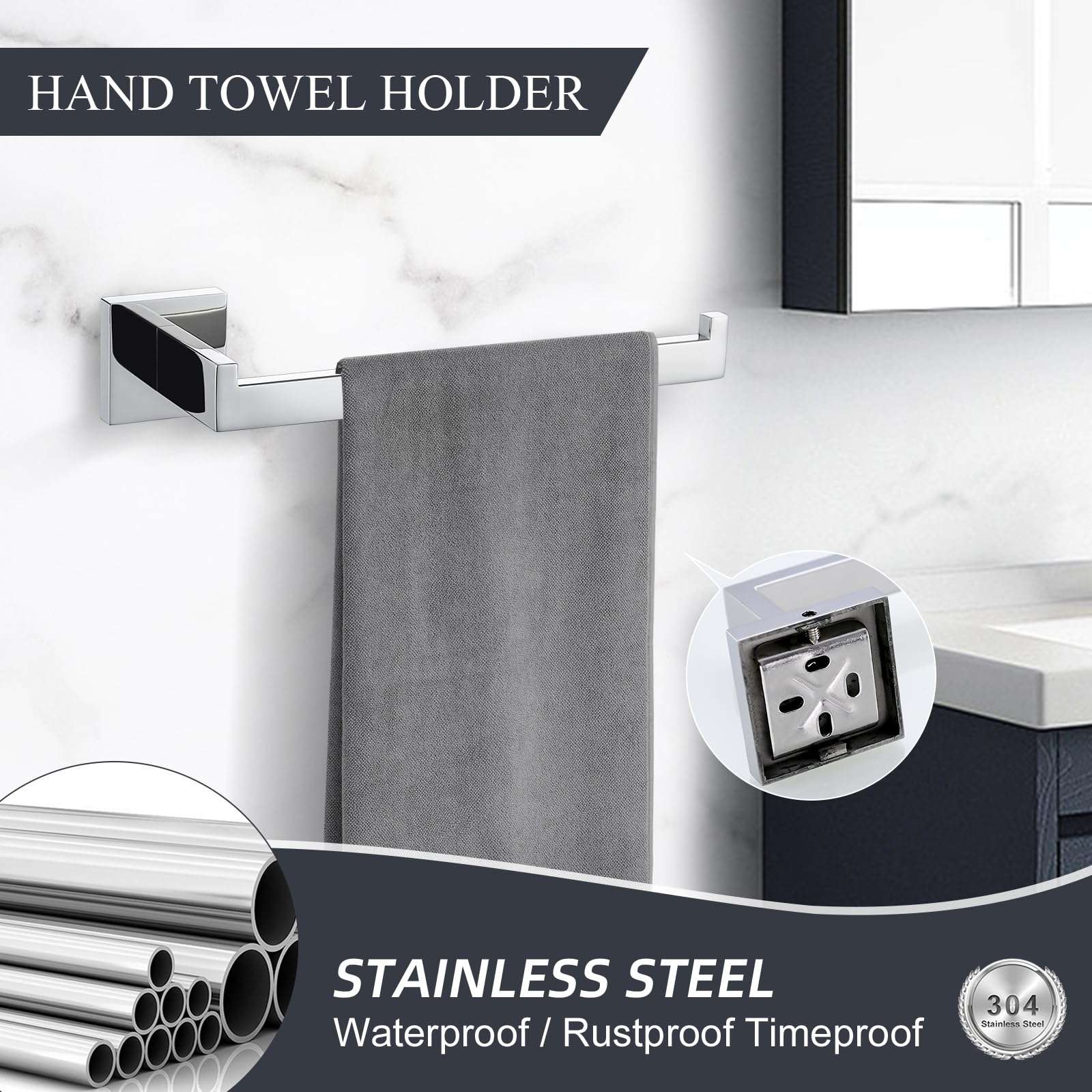 TURS 5-Piece Bathroom Hardware Set Polished Towel Bar Sets Include 23.4 Inch Towel Rail Hand Towel Bar Tissue Holder and 2 Towel Hooks, Stainless Steel Wall Mounted Towel Racks for Bathroom - Image 4